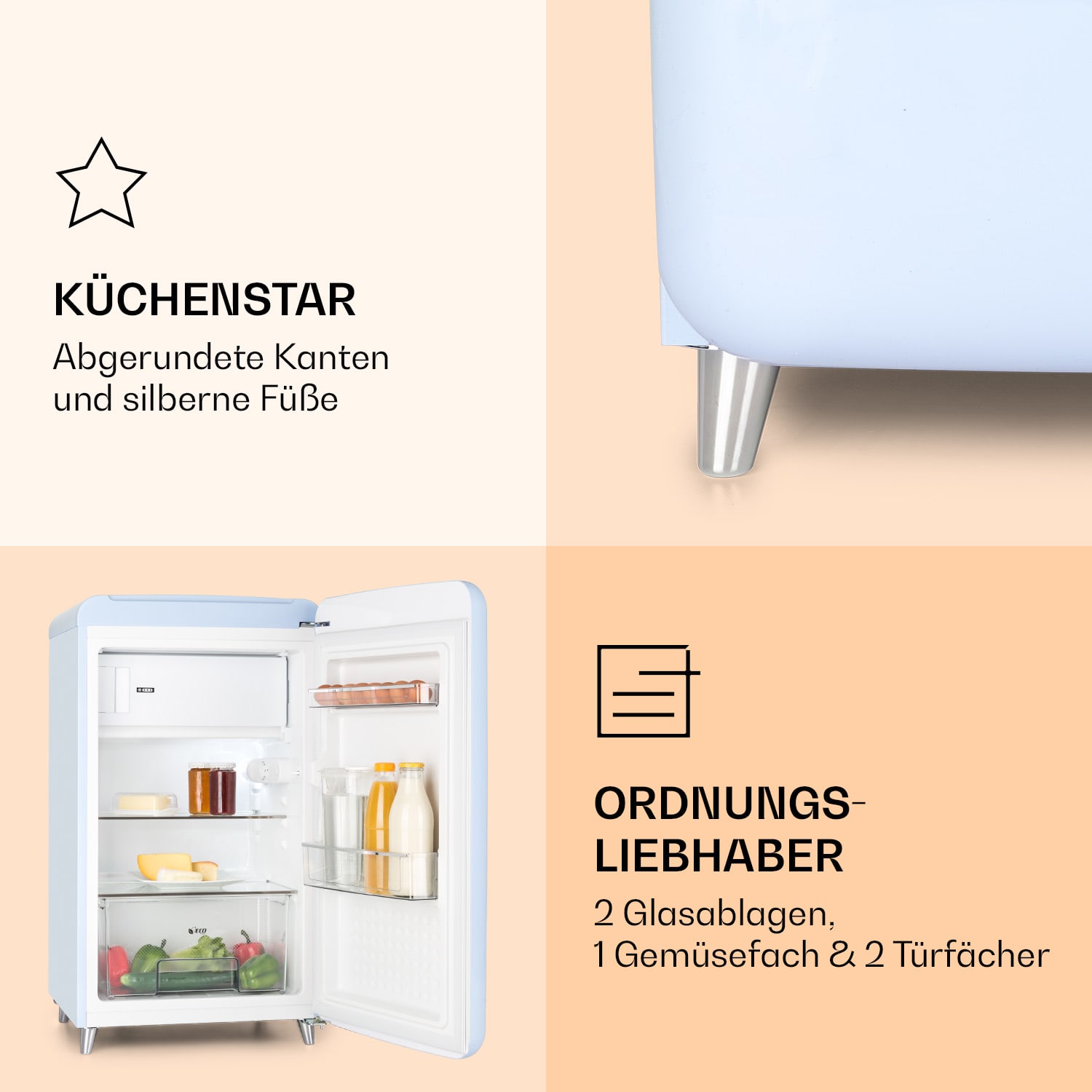 PopArt Retro-Kühlschrank 118 Ltr Gefrierfach: 13 Ltr Temperatur-Regler Pastellblau