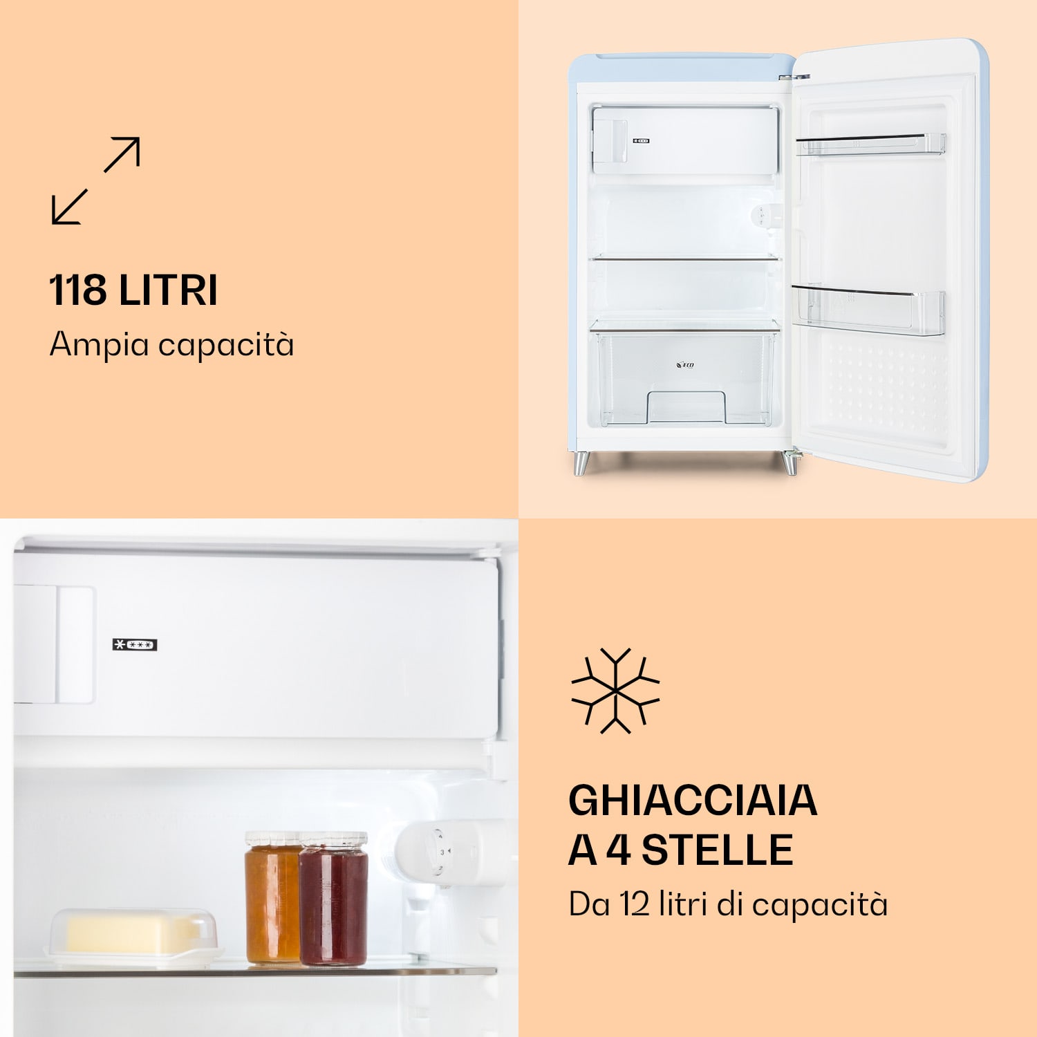 PopArt - Frigorifero rétro, 118 litri, vano freezer: 13 litri, temperatura regolabile Azzurro pastello