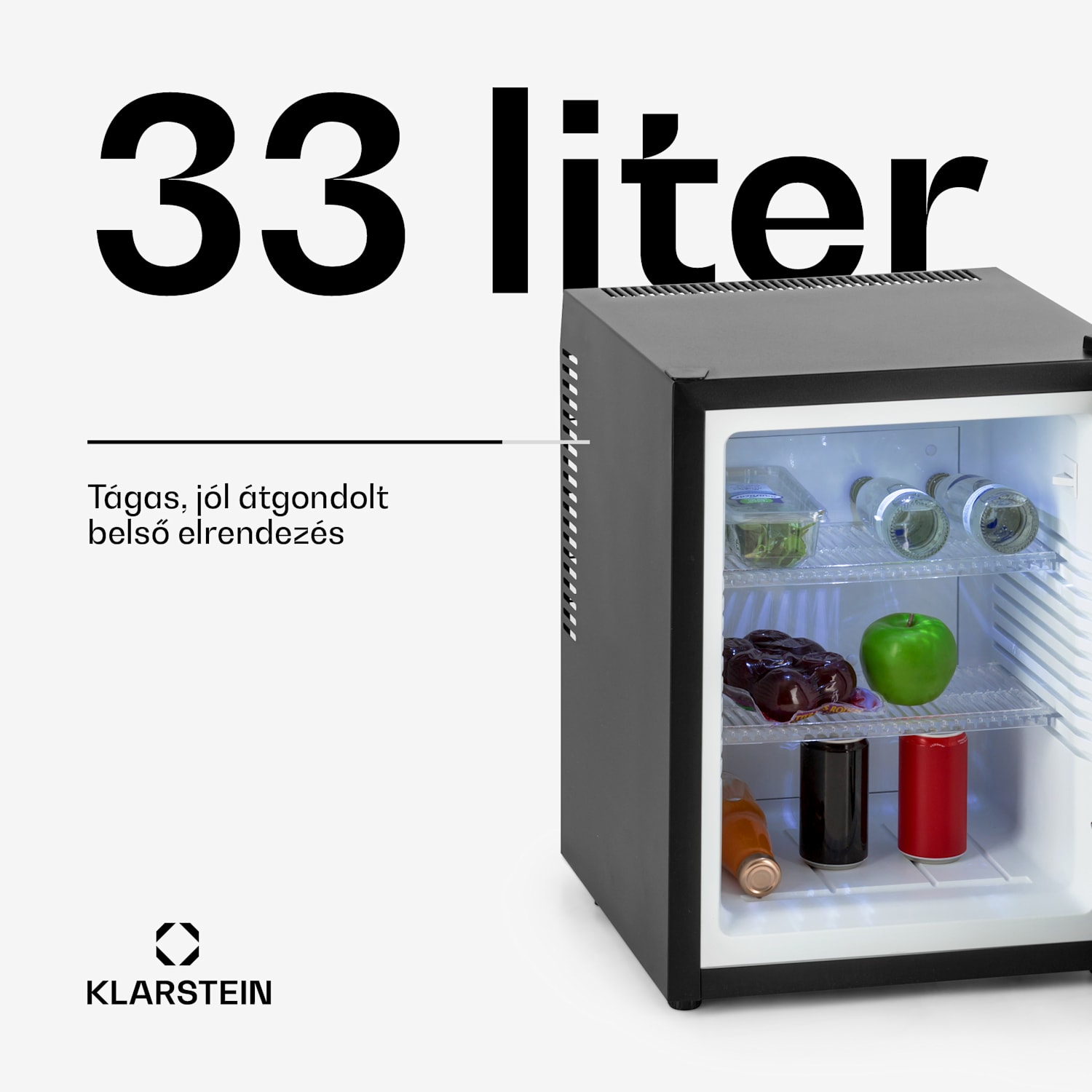 Happy Hour, mini hűtőszekrény, 33 liter, zajmentes, G energiahatékonysági osztály, fekete dekoratív ajtóval 33 Ltr | F | Fekete
