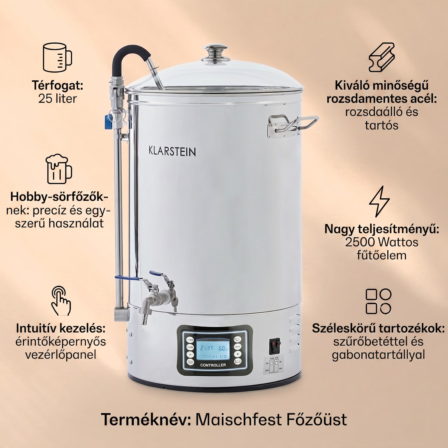 Mundschenk, sörfőző üst, 30 l, 2500 W, sörfőző berendezés, rozsdamentes acél 