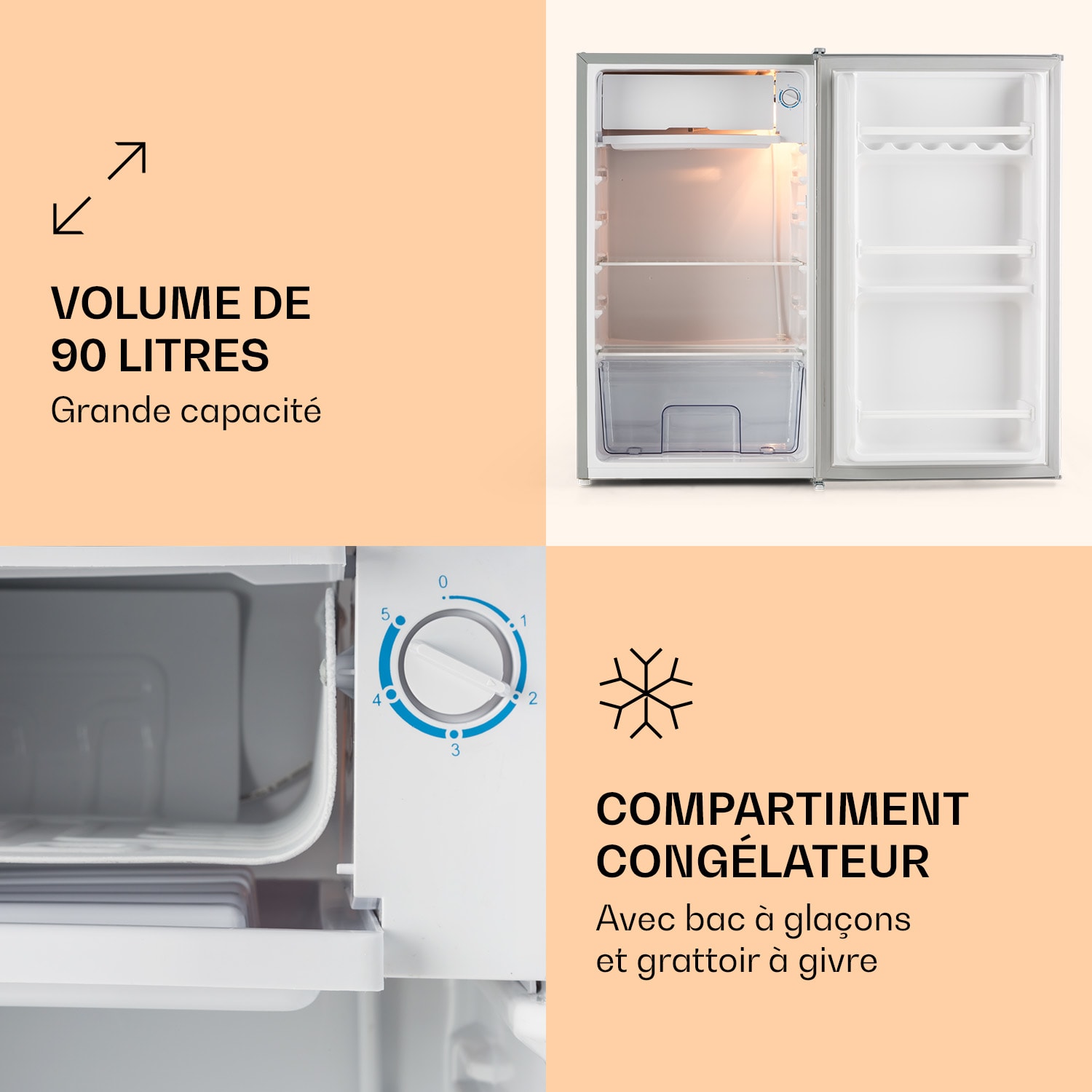 Réfrigérateur unique 91 litres 2 clayettes Thermostat à 5 niveaux bac à glaçons
