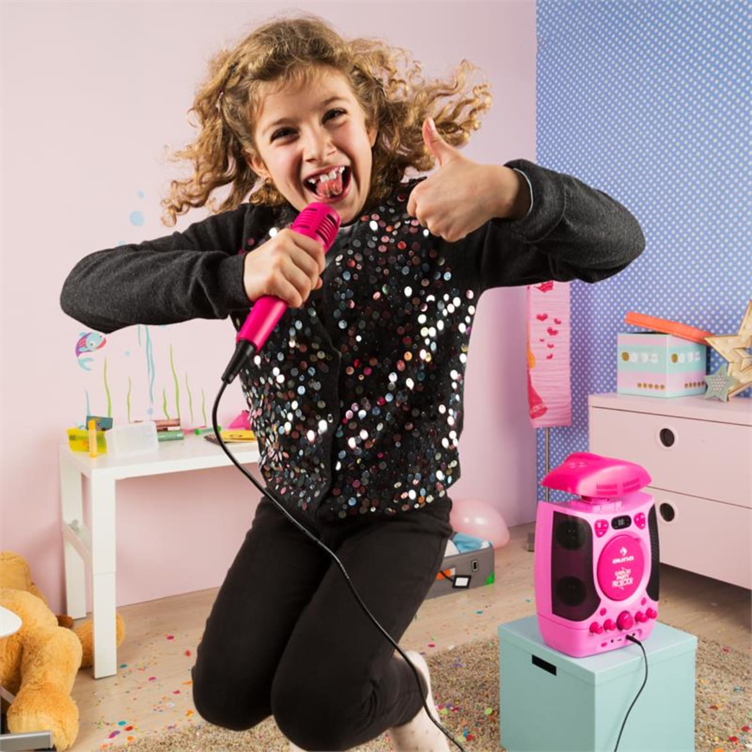 Kara Projectura, 2 в 1 караоке система, прожектор, LED, USB, MP3, CD, 2 х микрофон, бял Бял