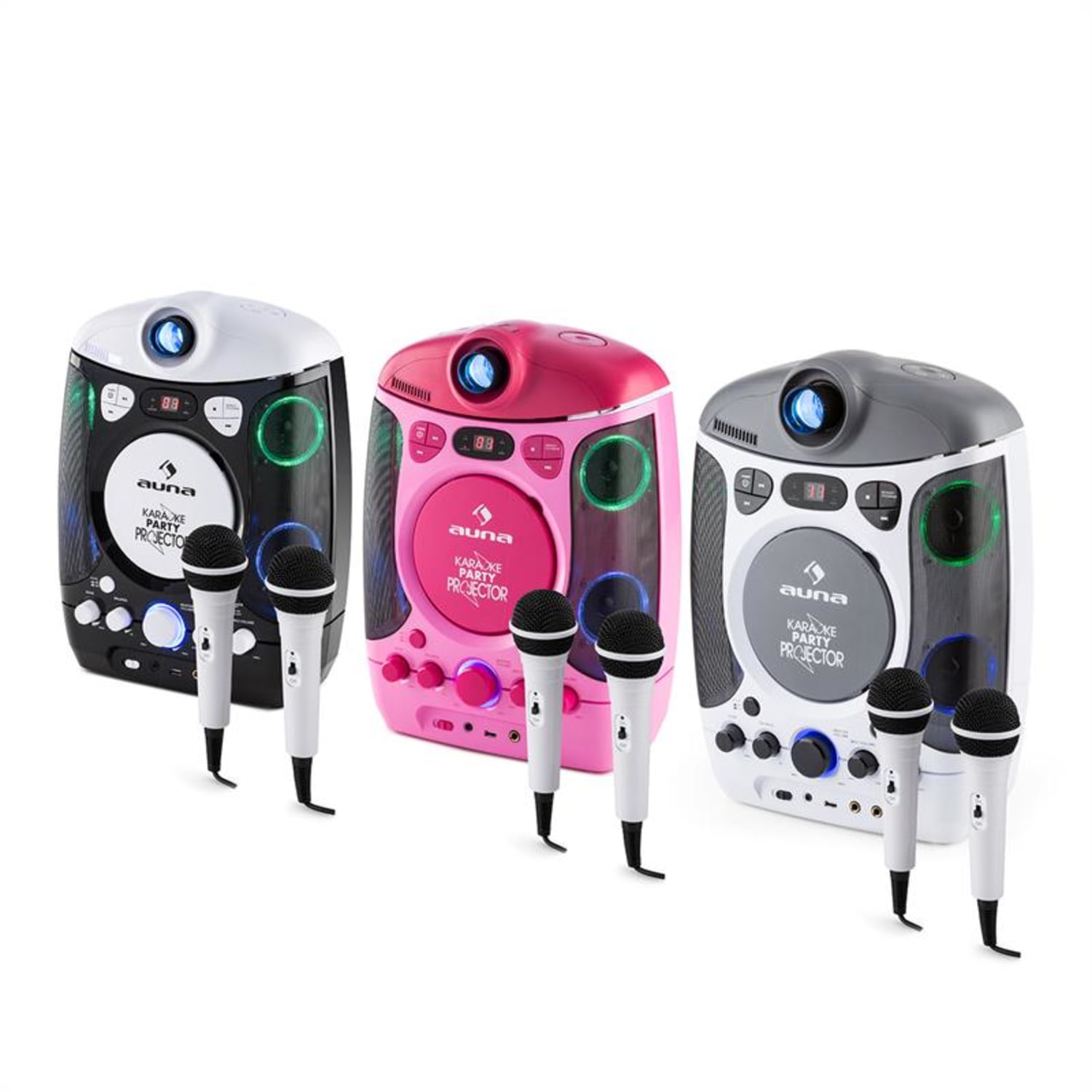 Kara Projectura, 2 в 1 караоке система, прожектор, LED, USB, MP3, CD, 2 х микрофон, бял Бял