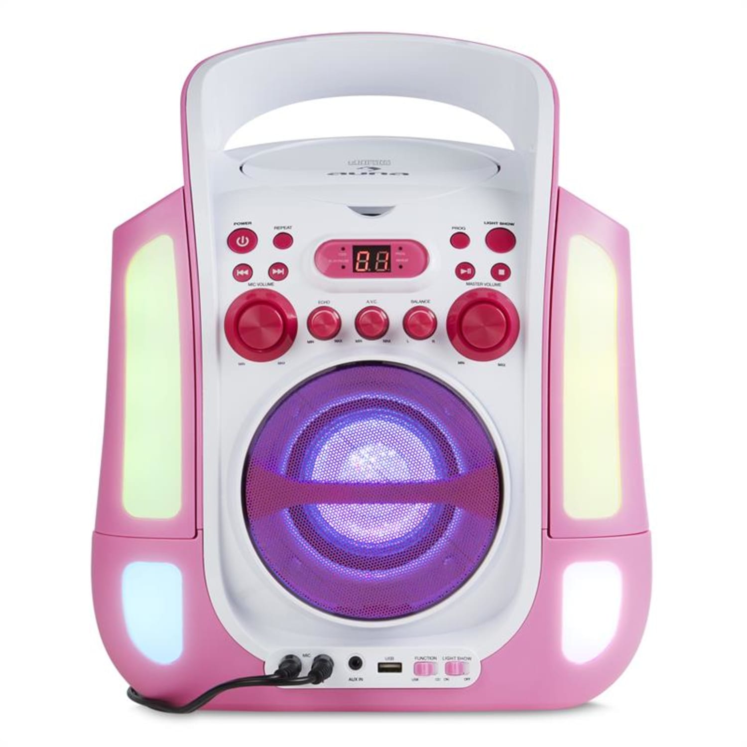 Kara Illumina zestaw karaoke CD USB MP3 pokaz świetlny LED 2 x mikrofon mobiny pink