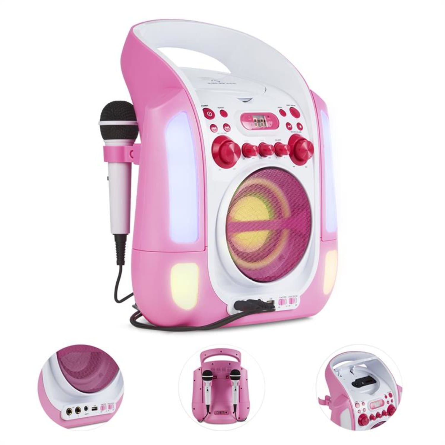 Kara Illumina zestaw karaoke CD USB MP3 pokaz świetlny LED 2 x mikrofon mobiny pink