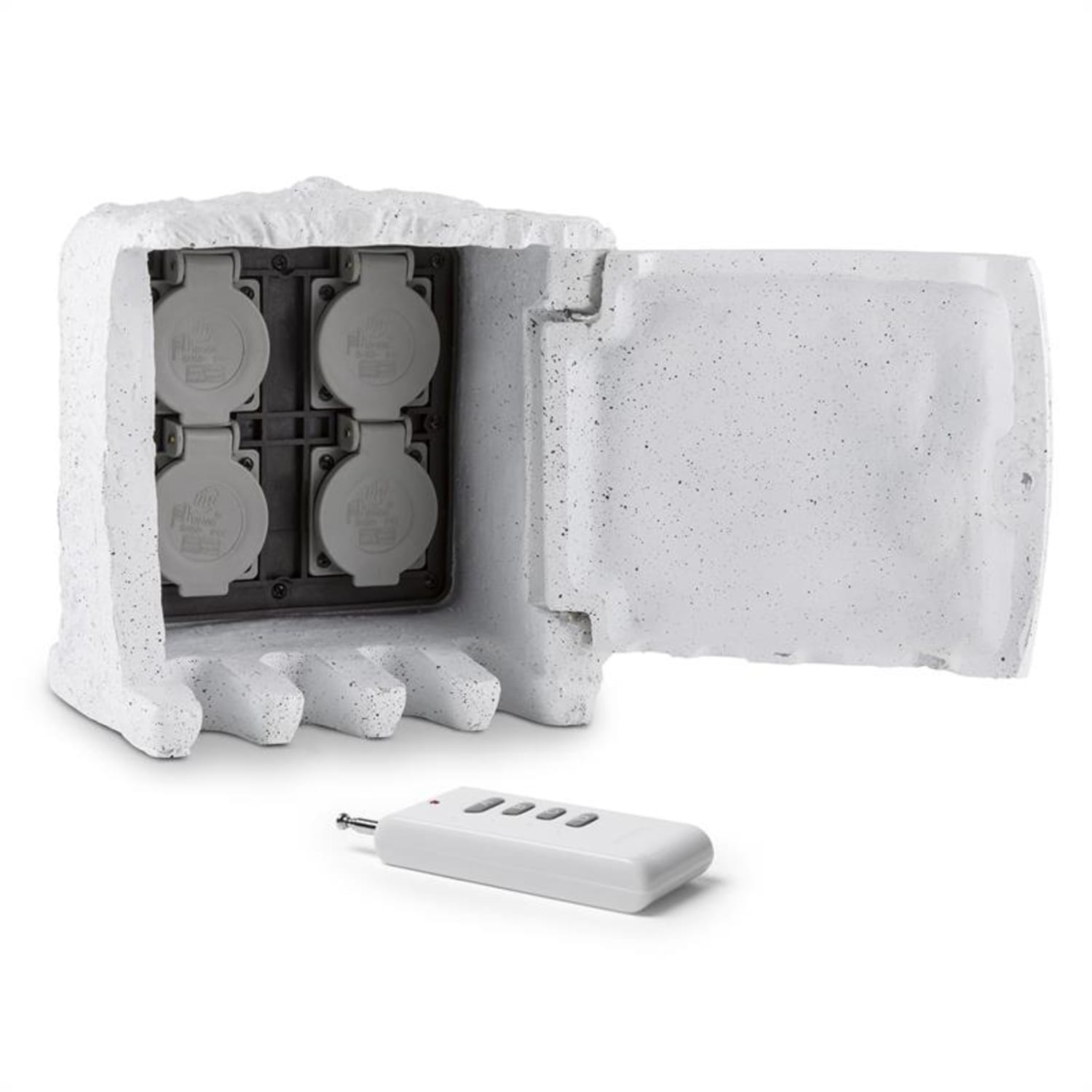 Power Rock Remote Gartensteckdose 4-fach Verteiler 1,5 m Fels hellgrau 1,5 m Kabel / Fernbedinung | Weißer Stein