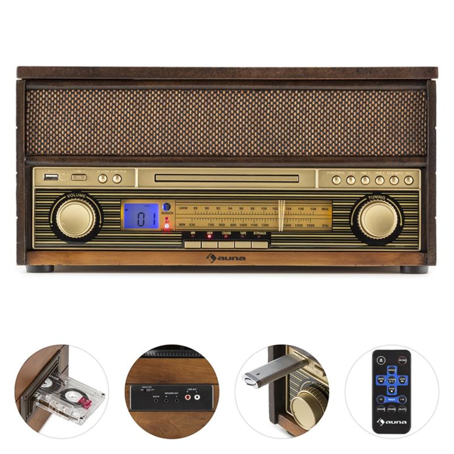 Epoque 1909 Retro-audiosysteem platenspeler cassette bluetooth USB CD AUX 