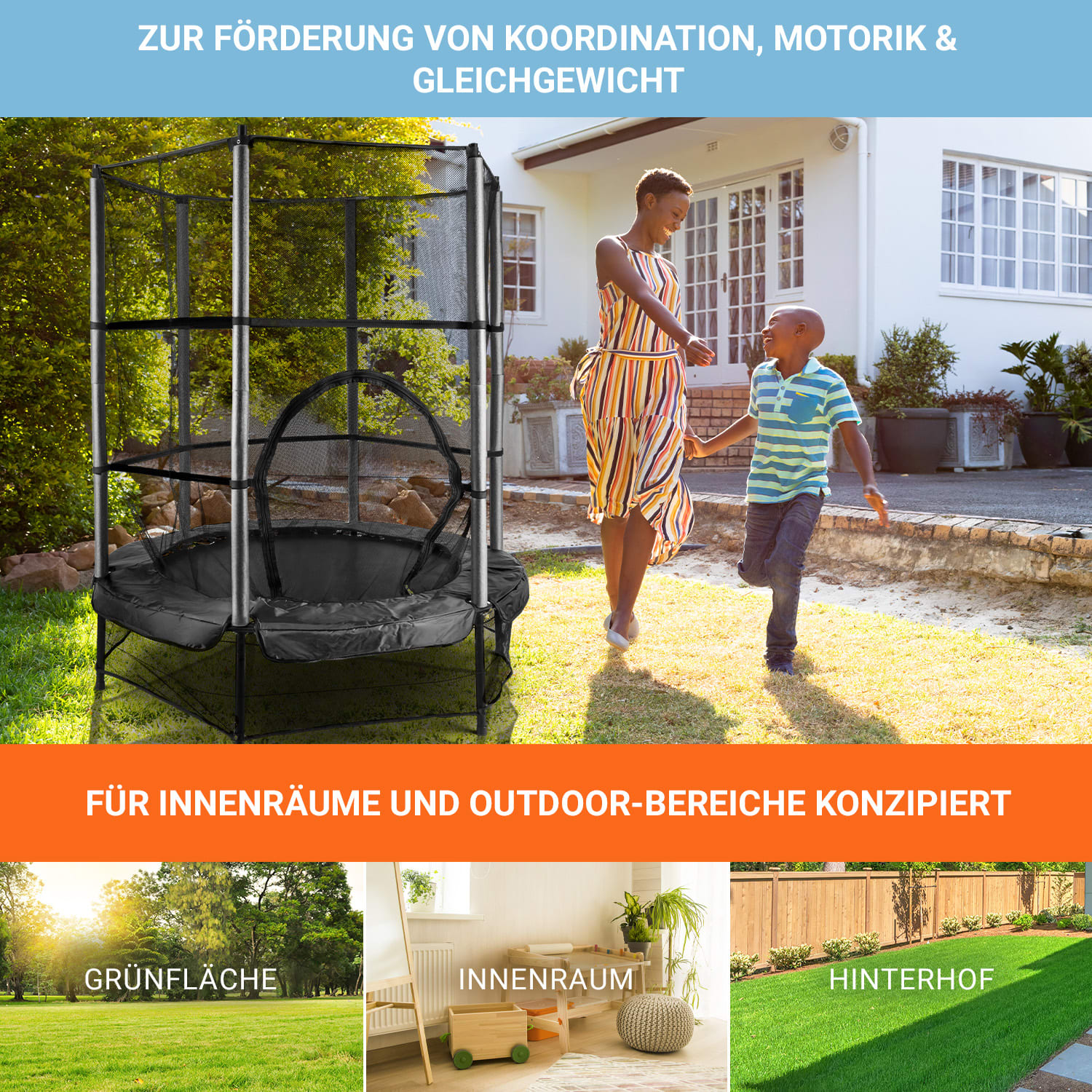 Rocketkid Trampolin Ø140cm Sicherheitsnetz Bungee-Federung ab 3 Jahren Schwarz