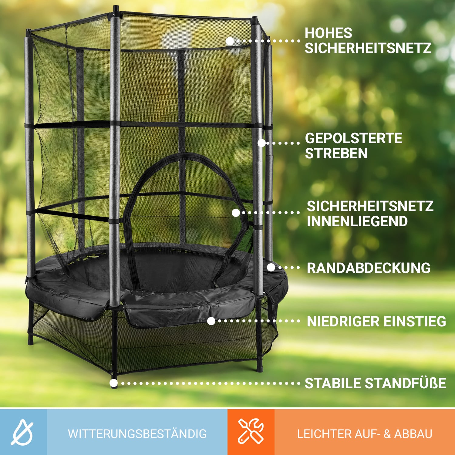 Rocketkid Trampolin Ø140cm Sicherheitsnetz Bungee-Federung ab 3 Jahren Schwarz