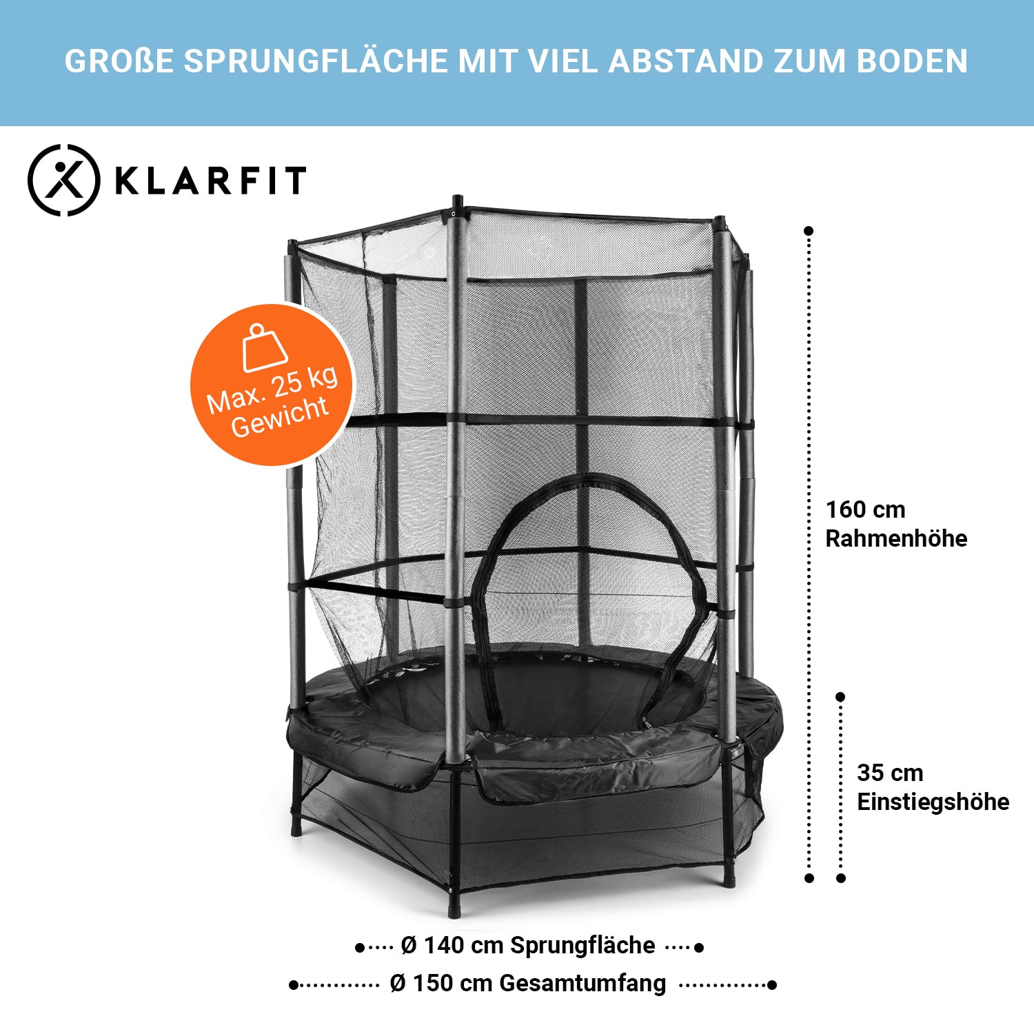 Rocketkid Trampolin Ø140cm Sicherheitsnetz Bungee-Federung ab 3 Jahren Schwarz