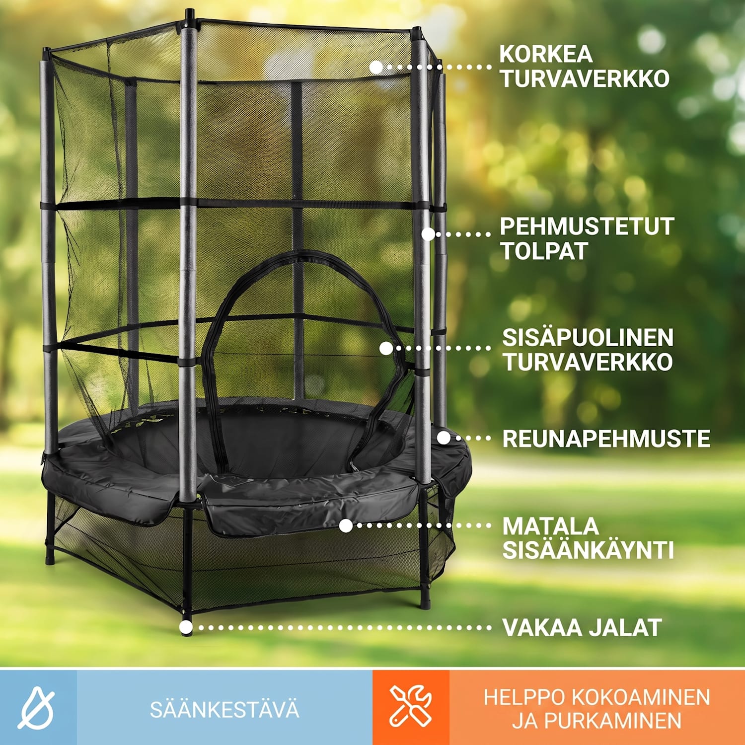 Rocketkid trampoliini Ø 140 cm turvaverkko benjijousitus 3-vuotiaasta alkaen Musta