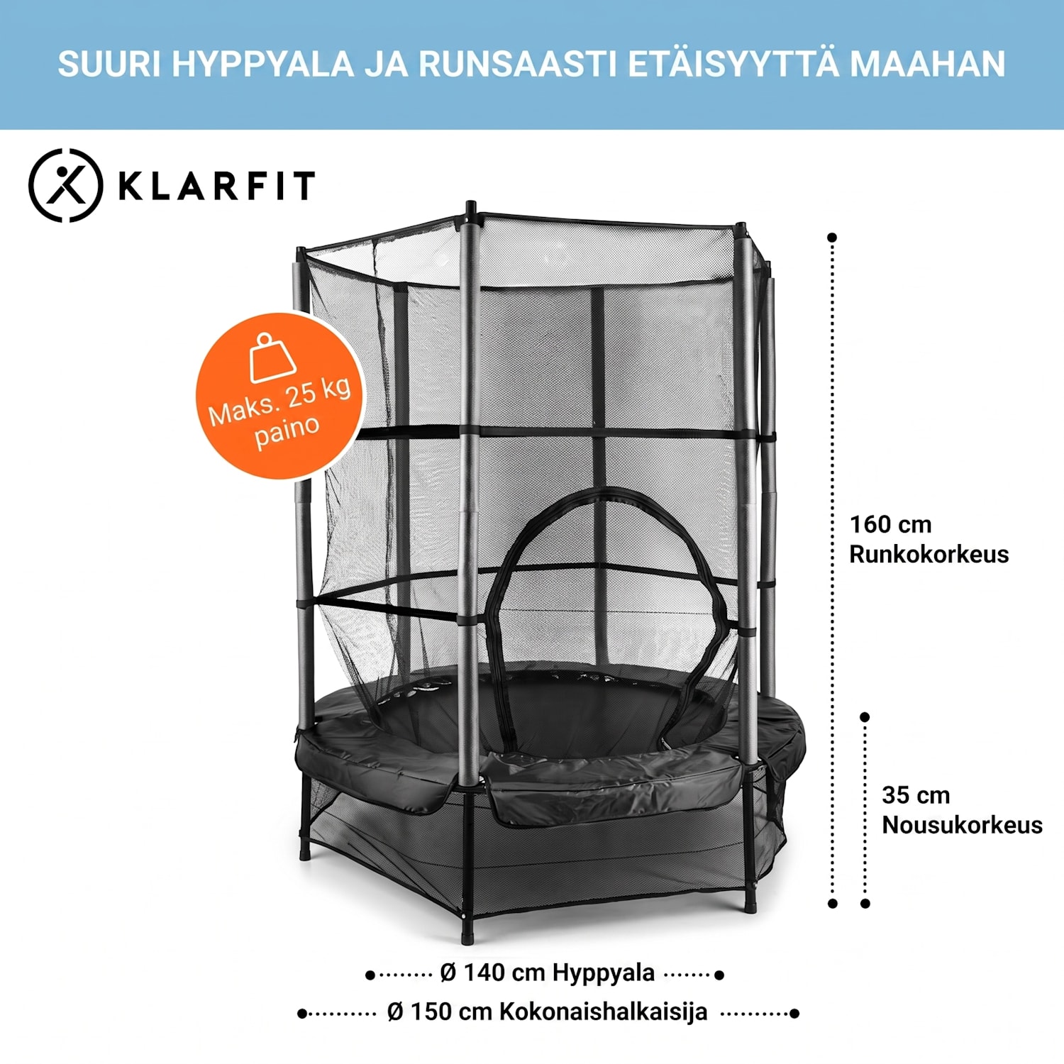 Rocketkid trampoliini Ø 140 cm turvaverkko benjijousitus 3-vuotiaasta alkaen Musta
