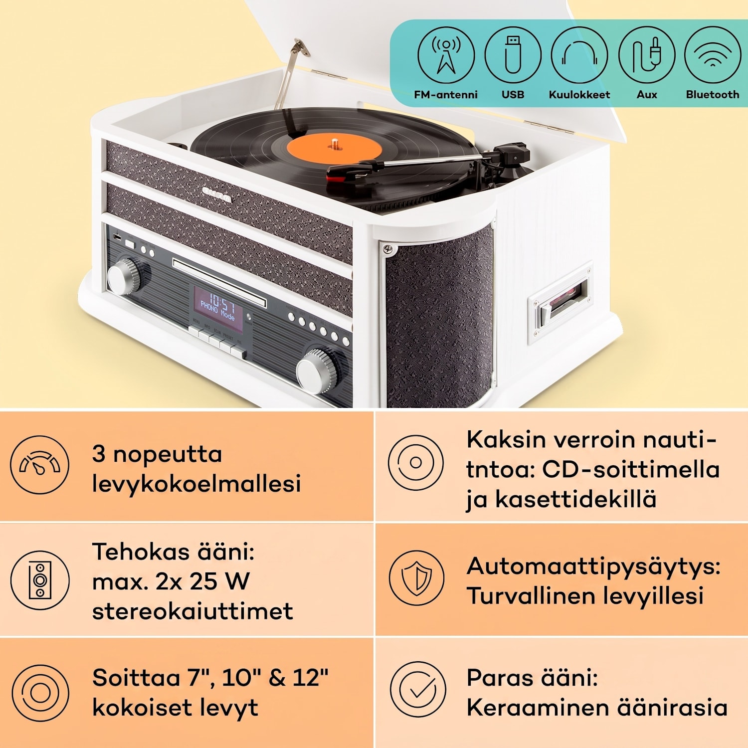Belle Epoque 1908 DAB retro-stereojärjestelmä levysoitin DAB+ Bluetooth CD-soitin/Bluetooth/DAB-radio | Valkoinen Puu