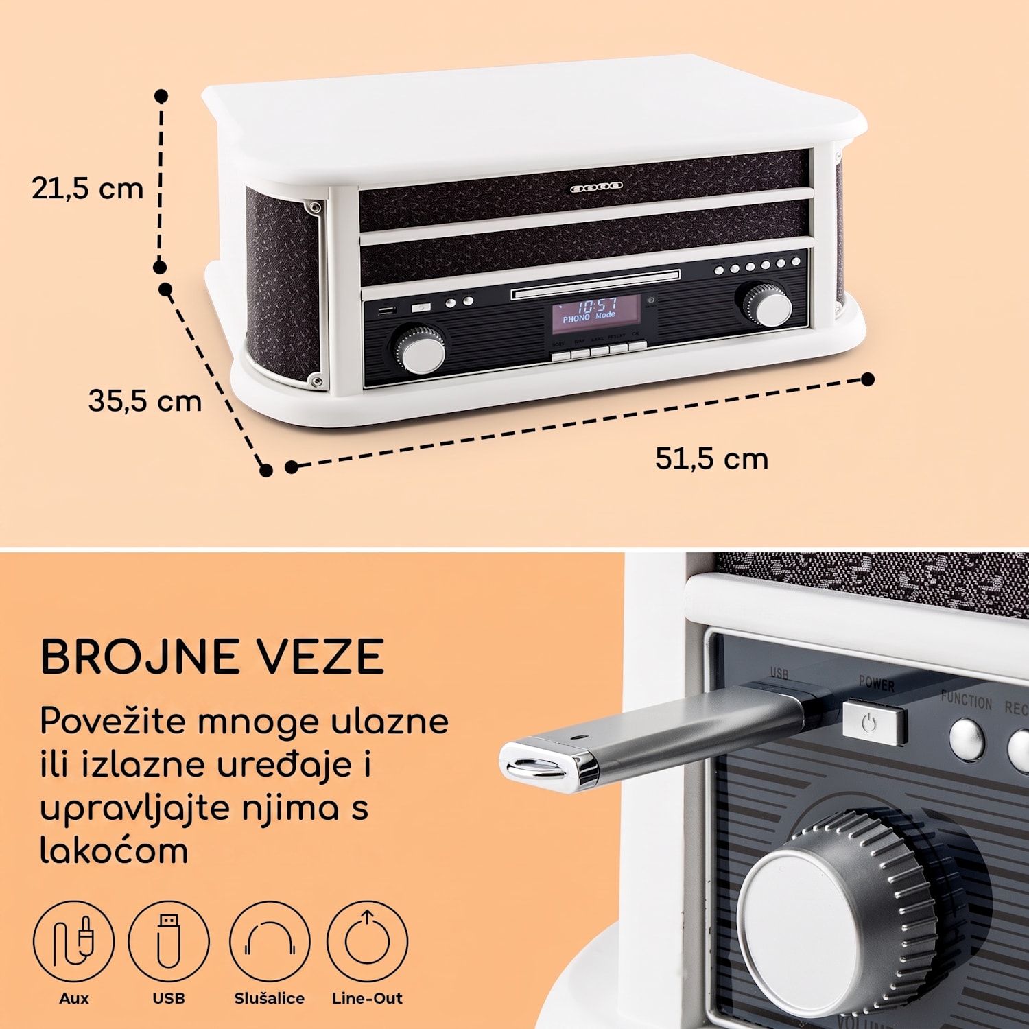 BELLE EPOQUE 1908 DAB, retro stereo sustav, gramofon, DAB +,  bijeli CD-Player / Bluetooth / DAB Radio | Bijelo drvo