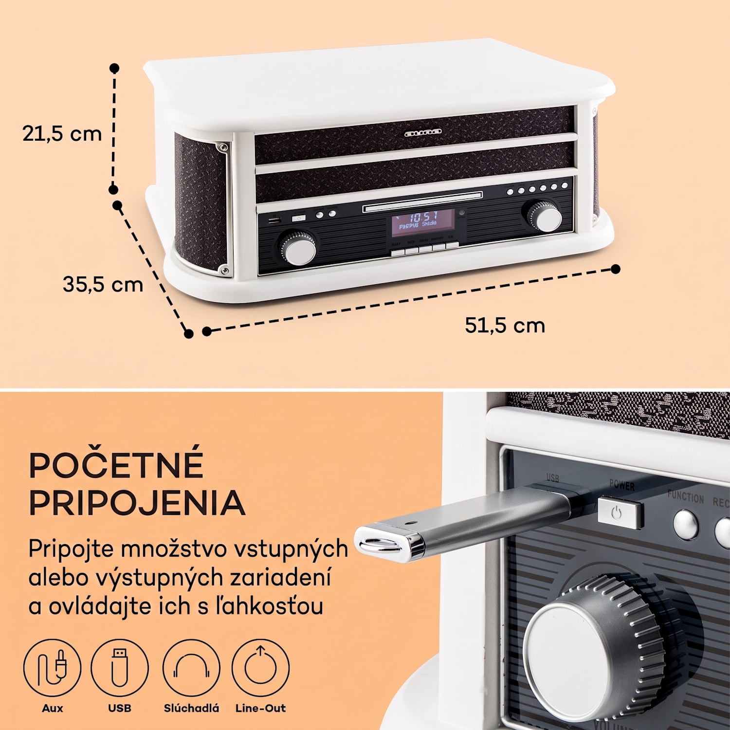 Belle Epoque 1908 DAB, biely, retro stereo systém, gramofón, DAB+ CD-Player / Bluetooth / DAB Radio | Biele drevo