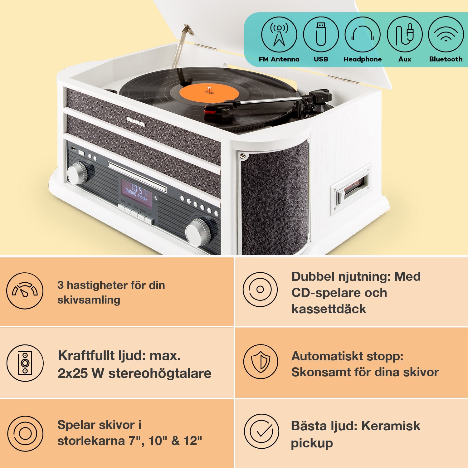 Belle Epoque 1908 Retro-stereoanläggning skivspelare DAB+ Bluetooth CD-spelare / Bluetooth / DAB-adio | Vit Trä