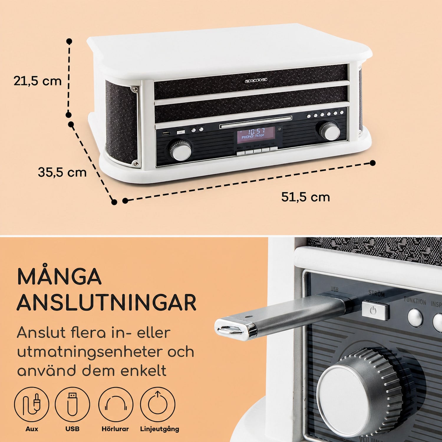Belle Epoque 1908 Retro-stereoanläggning skivspelare DAB+ Bluetooth CD-spelare / Bluetooth / DAB-adio | Vit Trä