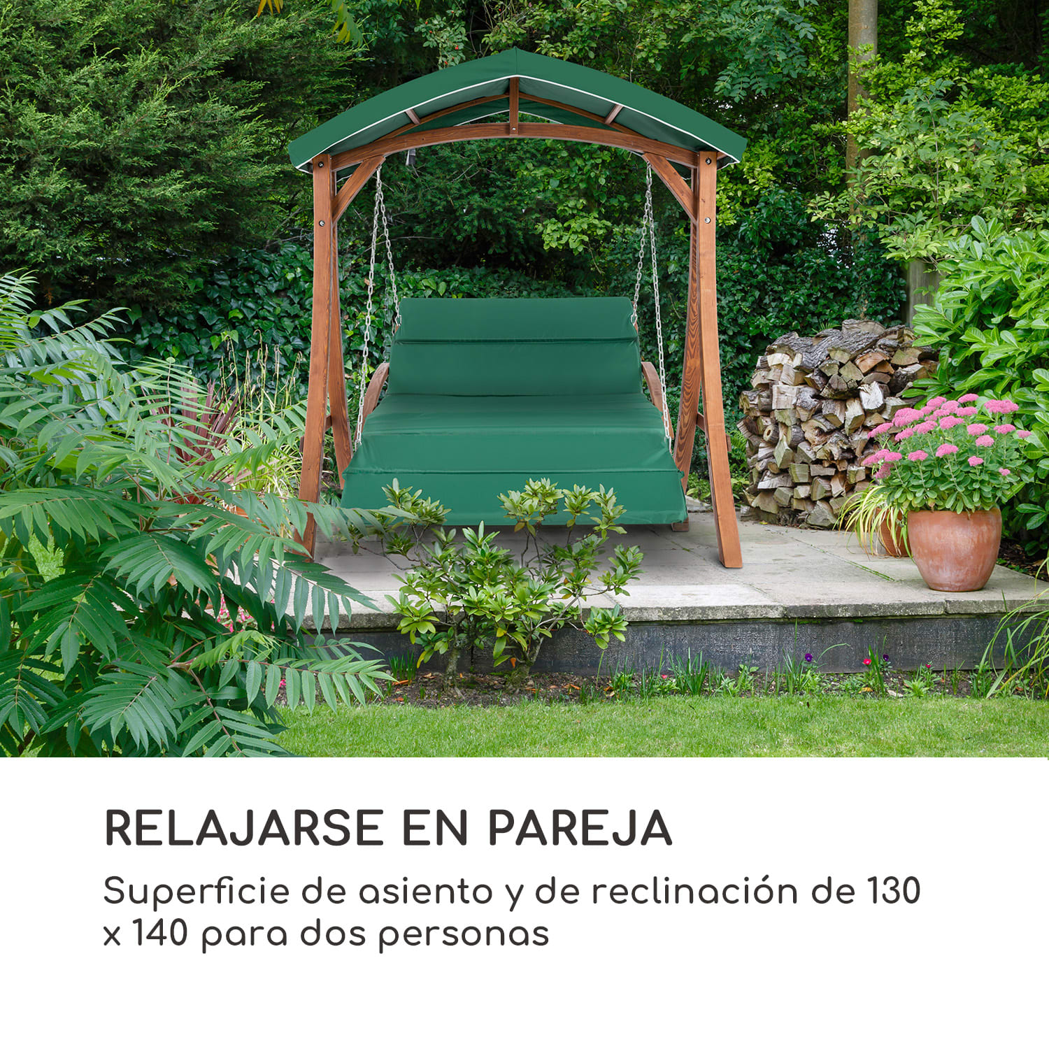 Aruba Columpio de jardín Hollywood de madera maciza 130 cm 2 asientos Verde Bosque