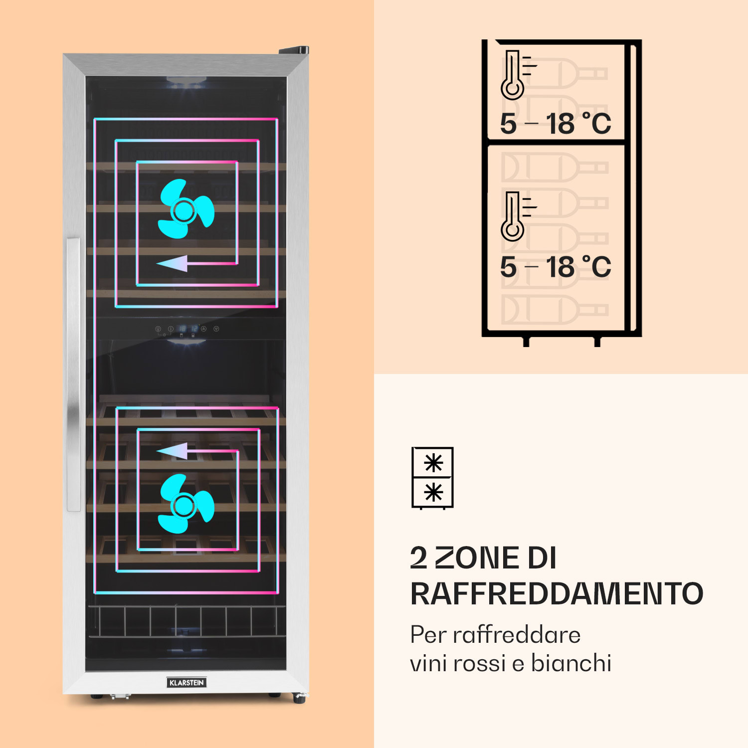 Vinamour 54 Duo - Frigorifero per vini, 2 zone, 148 litri, 54 bottiglie, display touch 54 bottiglie | 2 zone di raffreddamento | Acciaio inox
