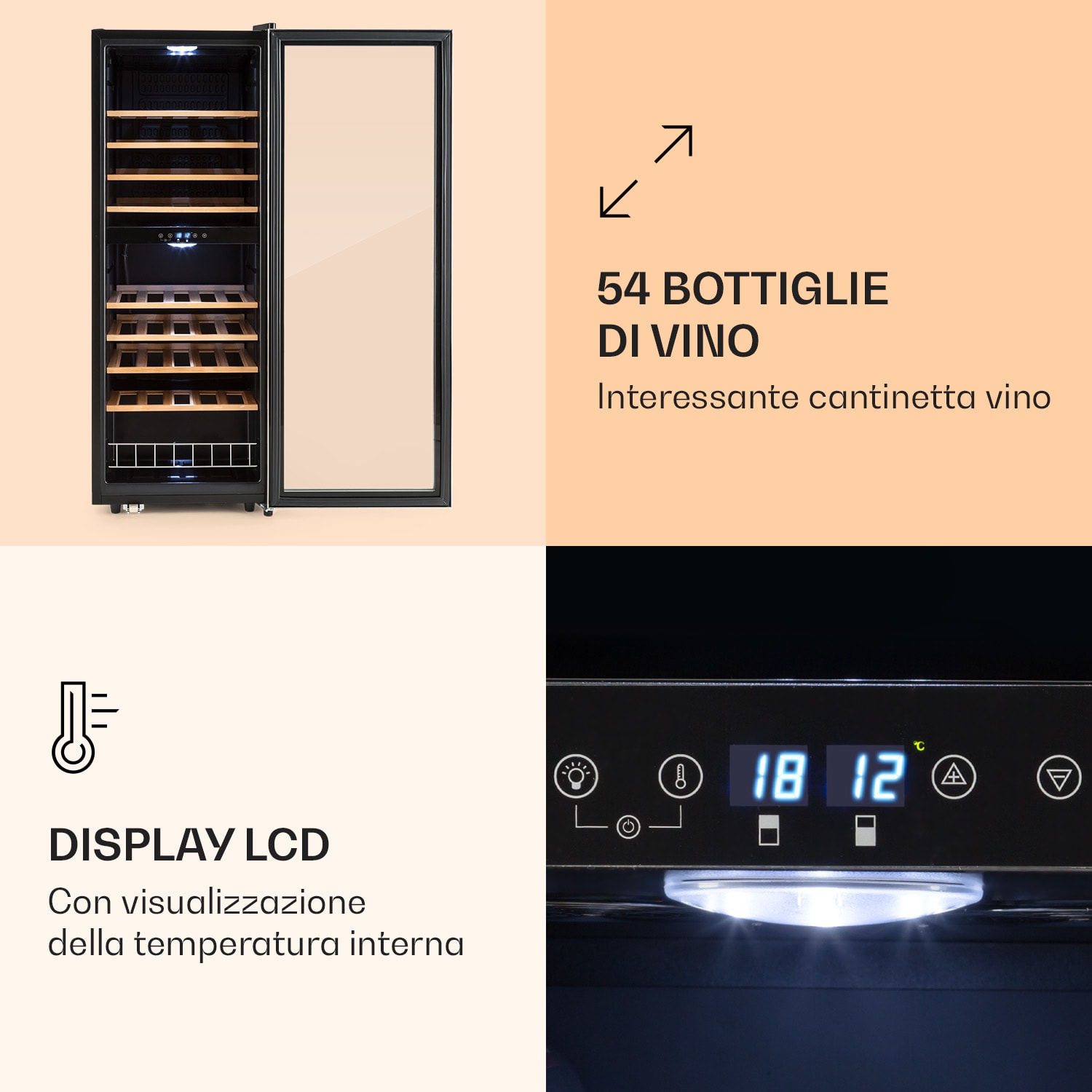 Vinamour 54 Duo - Frigorifero per vini, 2 zone, 148 litri, 54 bottiglie, display touch 54 bottiglie | 2 zone di raffreddamento | Acciaio inox