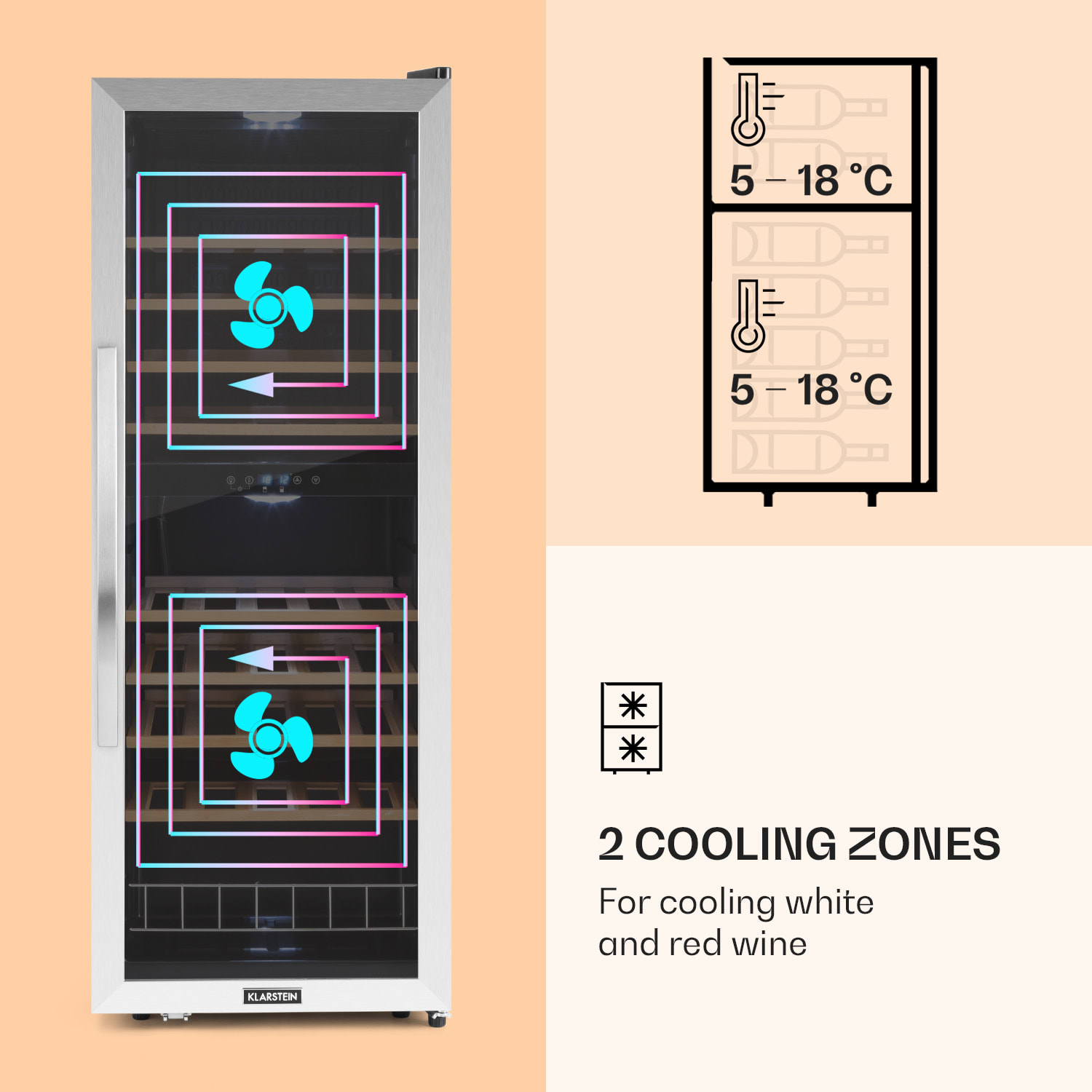 Vinamour 54D, vinska omara, 2 coni, 148 l, 54 steklenic, sprednja stran iz nerjavečega jekla