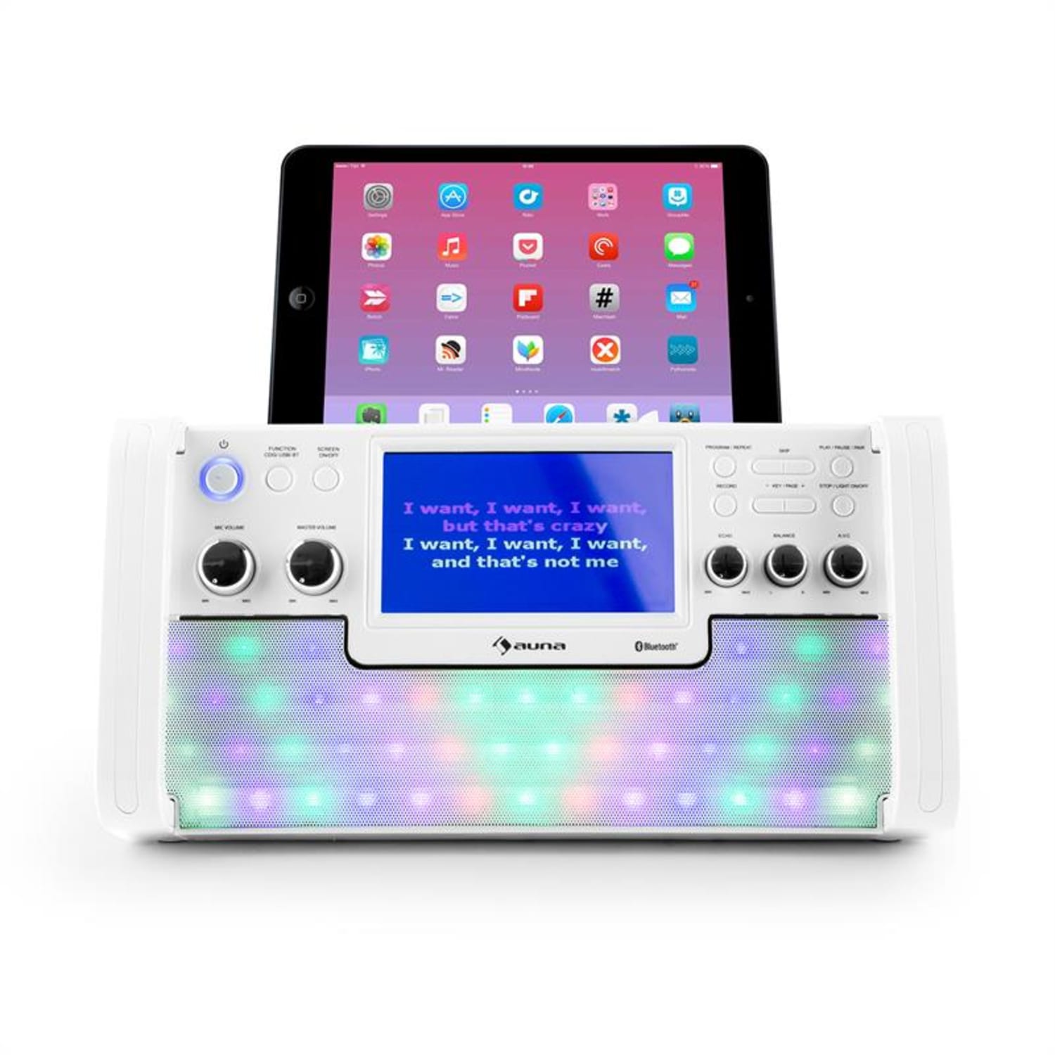 DiscoFever LED Bluetooth-Karaokeanlage LED 7" TFT-Screen CD USB Weiß