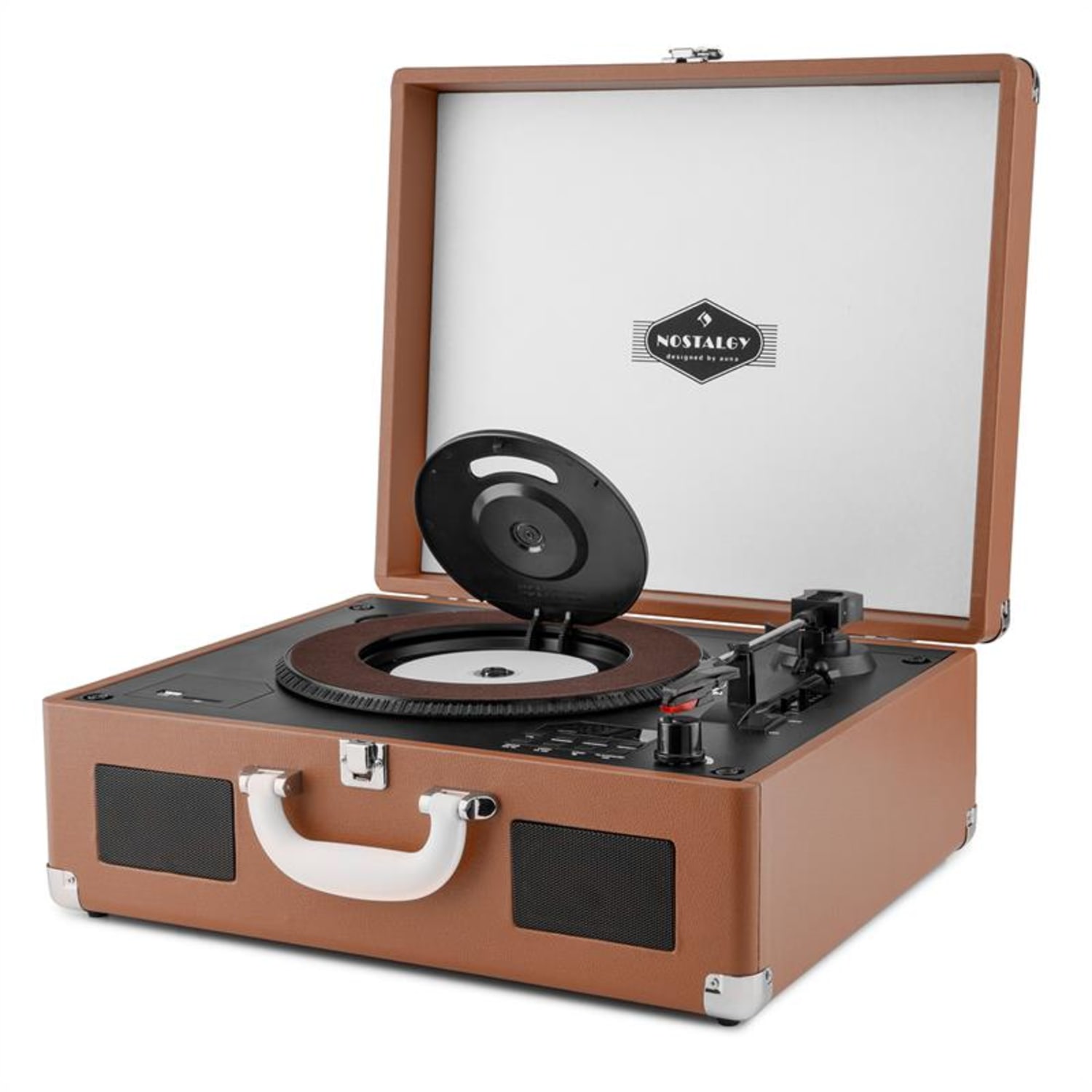 Peggy Sue BR Tocadiscos portátil retro para vinilo, LP, CD, USB, SD, en cuero sintético marrón 