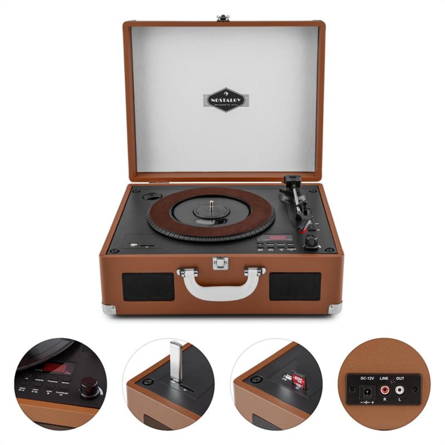 Peggy Sue BR Tocadiscos portátil retro para vinilo, LP, CD, USB, SD, en cuero sintético marrón 