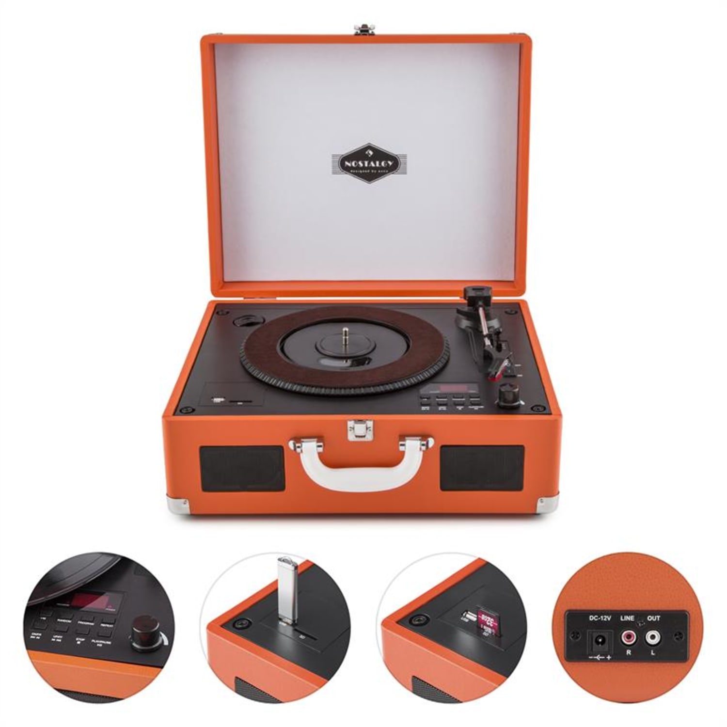 Peggy Sue OR Tocadiscos portátil retro con CD, USB, SD, en cuero sintético naranja 