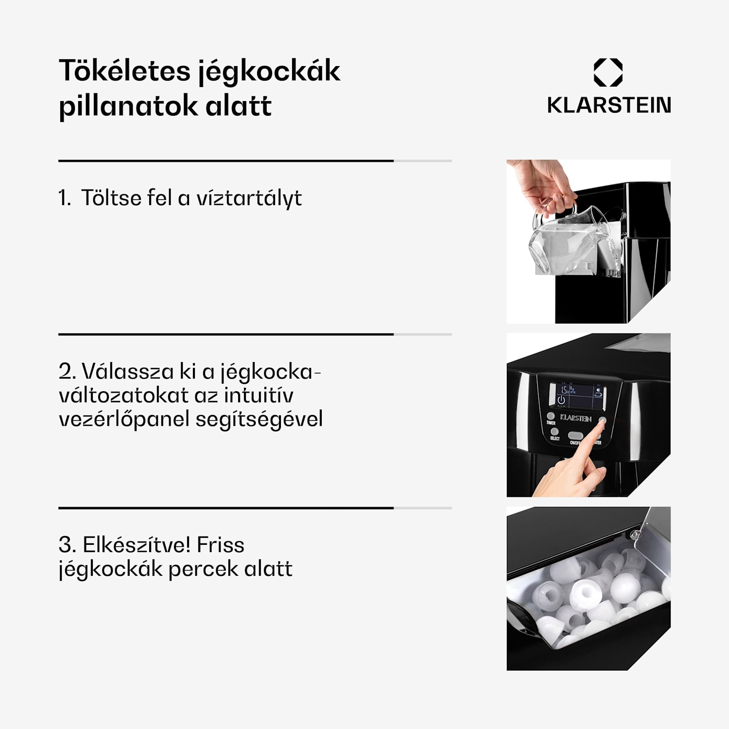 Ice Volcano 2G, jégkocka készítő, 12 kg/24 h, jékockagyártó, LED, fekete Fekete