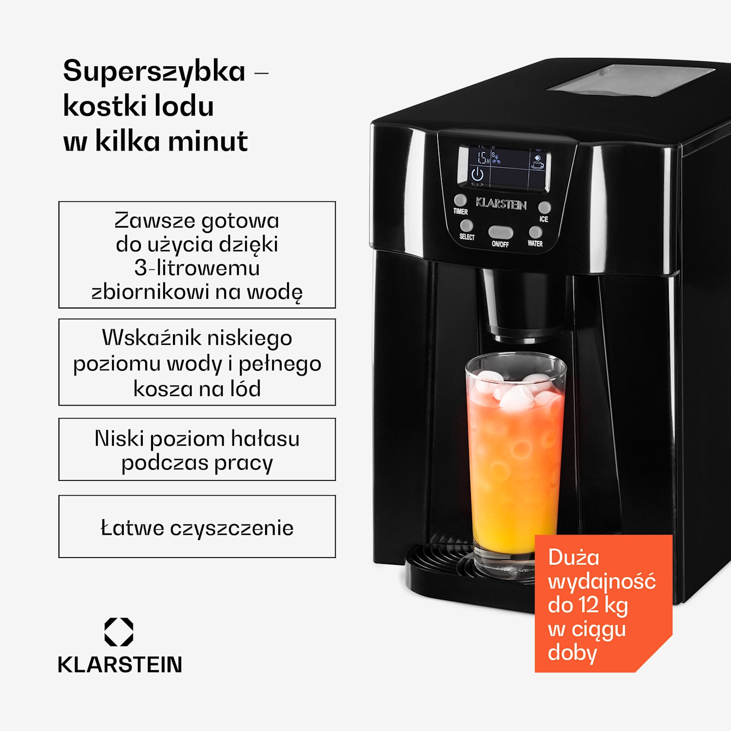 Ice Volcano 2G Kostkarka do lodu LED | 12 kg na 24 h | 2 l | 6-10 min czarna Czarny