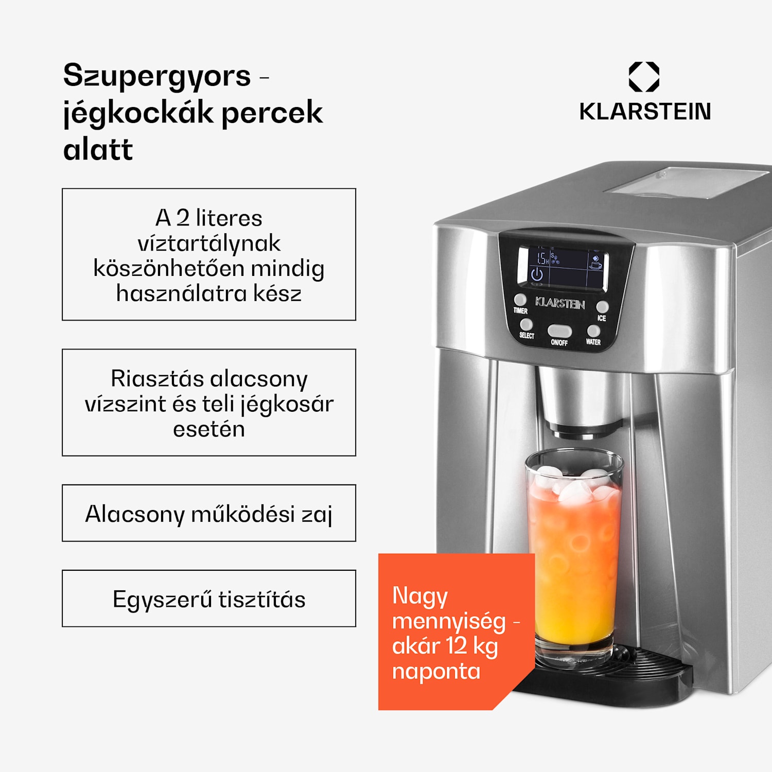 Ice Volcano 2G, jégkocka készítő, 13 kg/24 h, jékockagyártó, LED, ezüst Ezüst