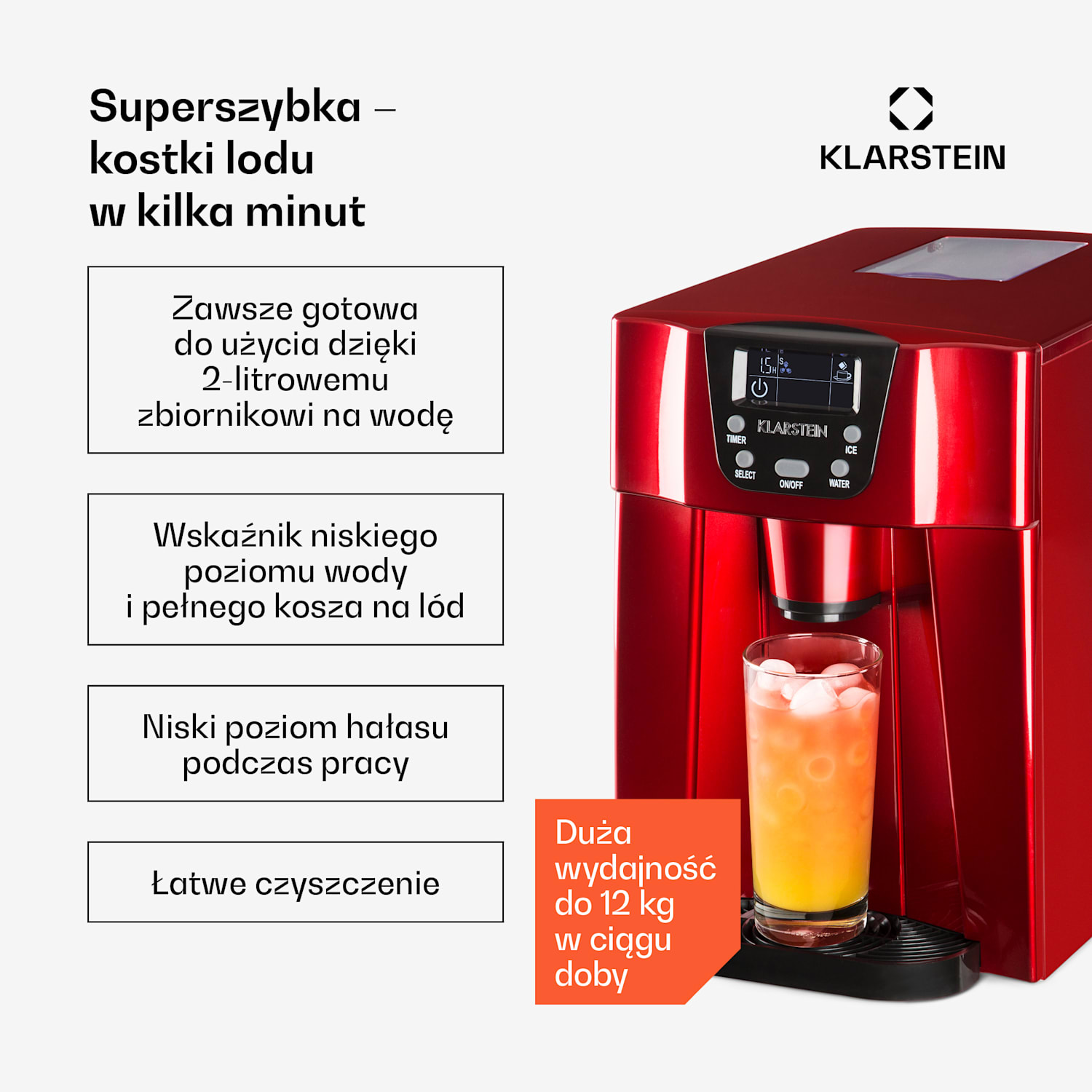 Ice Volcano 2G Kostkarka do lodu LED | 12 kg na 24 h | 2 l | 6-10 min czerwona Czerwony