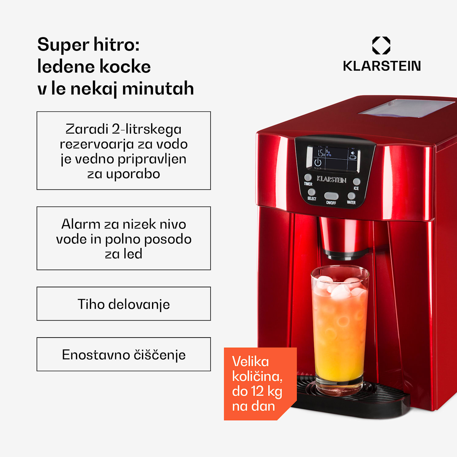Ice Volcano 2G Ledomat | 12kg vsakih 24h | 2l | 6-10min rdeč Rdeča