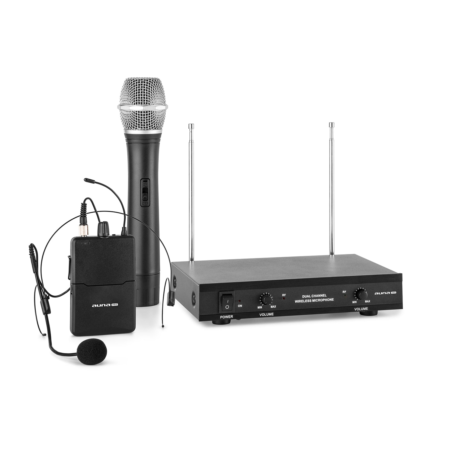 VHF-2-HS 2-kanavainen VHF-radiomikrofonisetti 1 x headset 1 x käsimikrofoni 1 x käsimikrofoni/1 x headset-mikrofoni