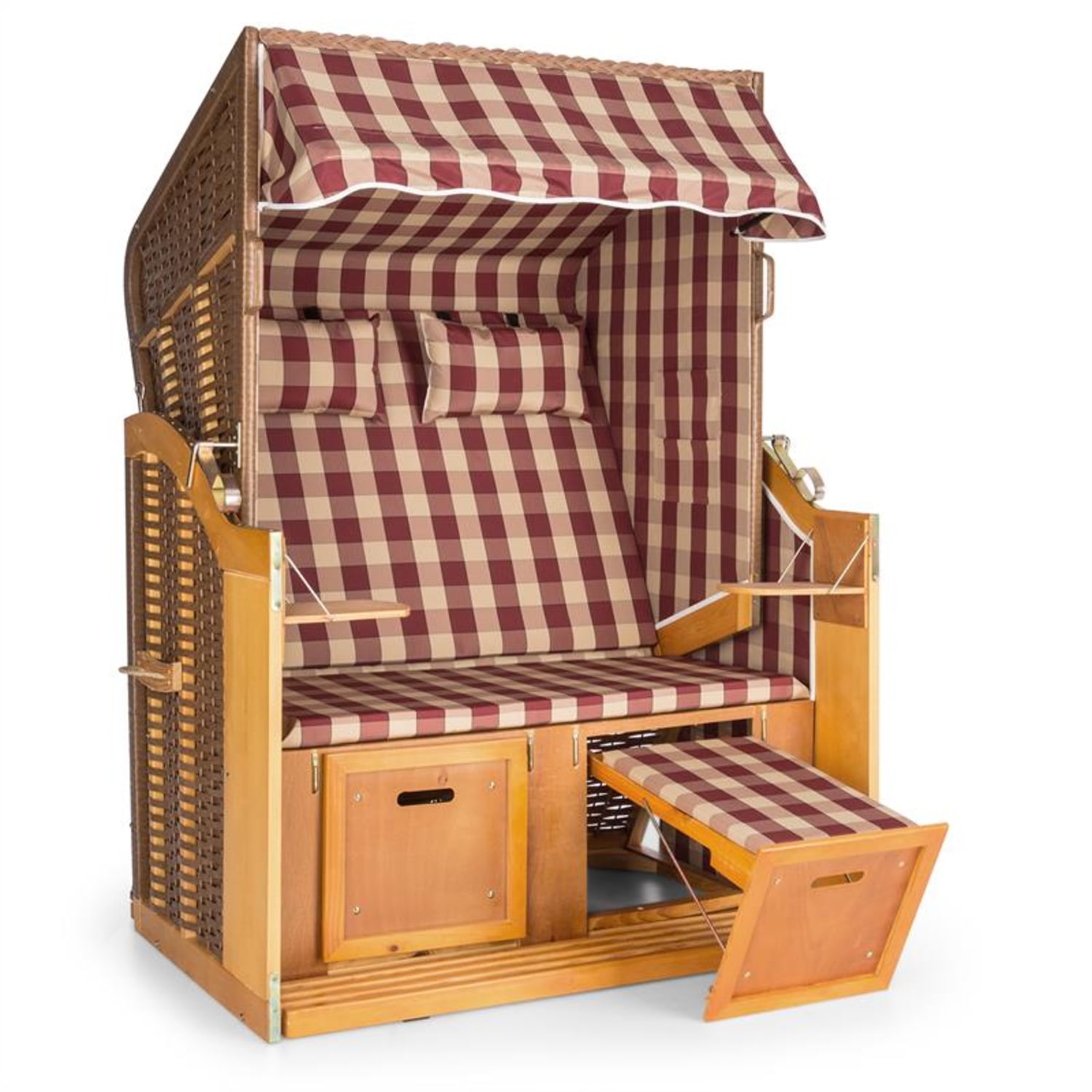 Hiddensee Strandstoel XL 2-zitter Ligstoel rood / wit geruit Eik / multi