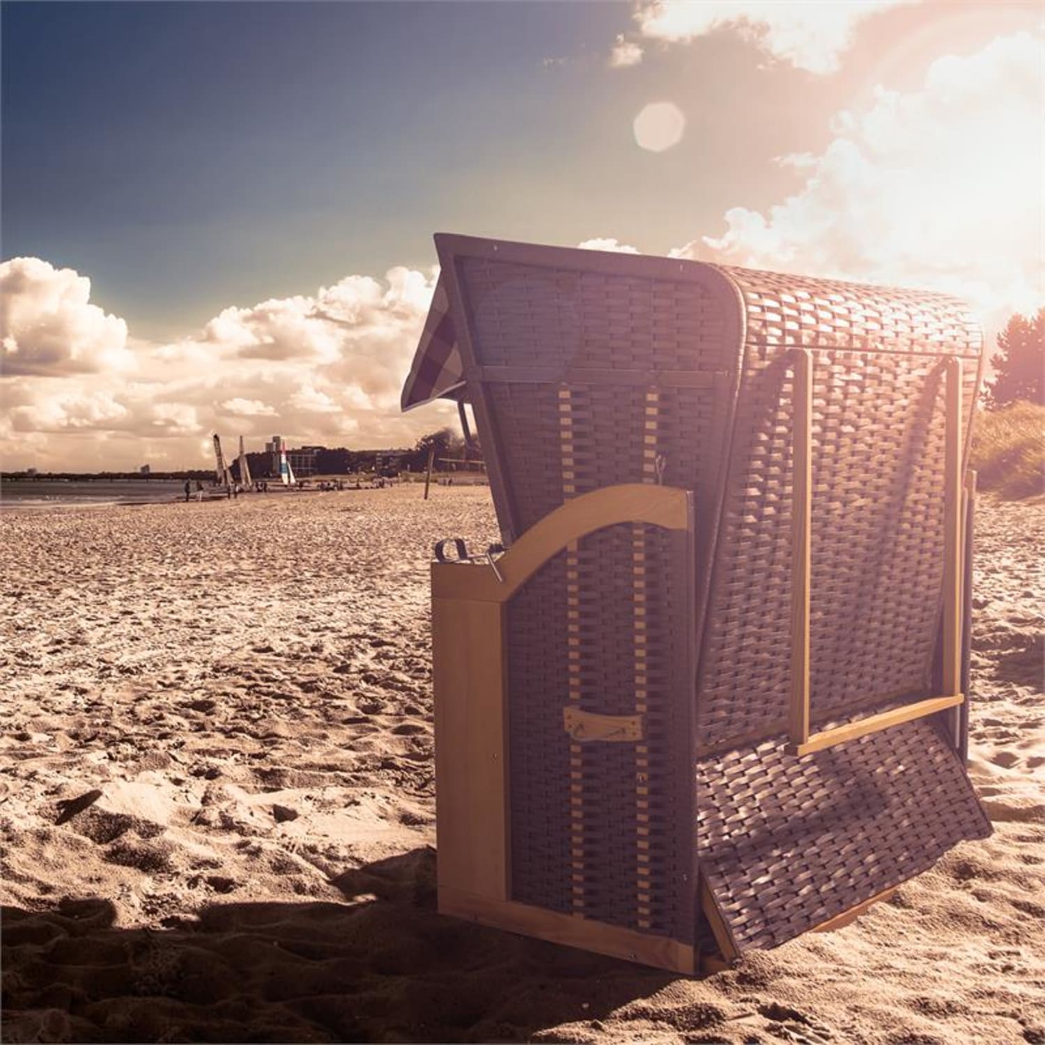 Hiddensee Strandstoel XL 2-zitter Ligstoel rood / wit geruit Eik / multi