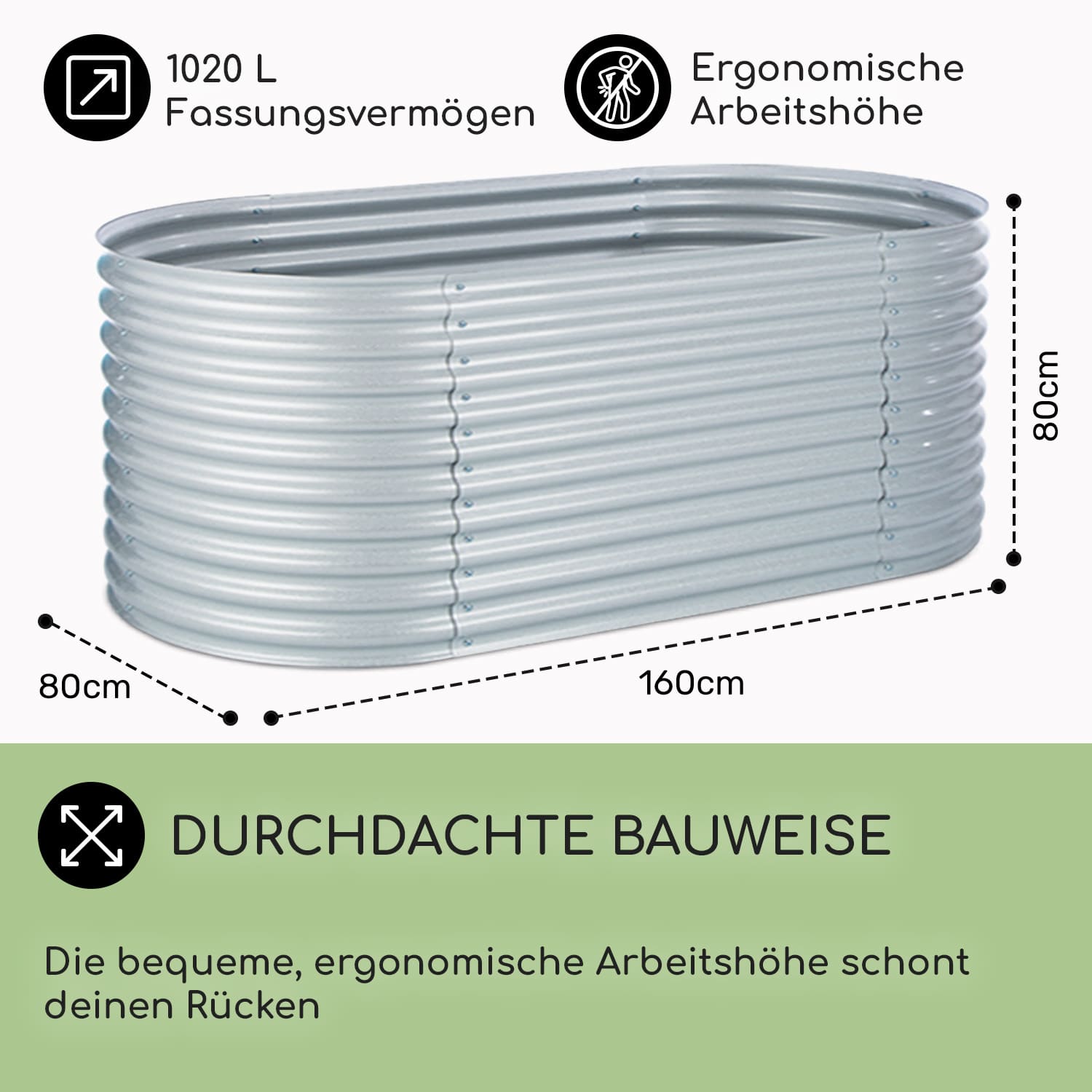 High Grow Hochbeet Gartenbeet 1,6m Zink-Alu-Beschichtung silber 