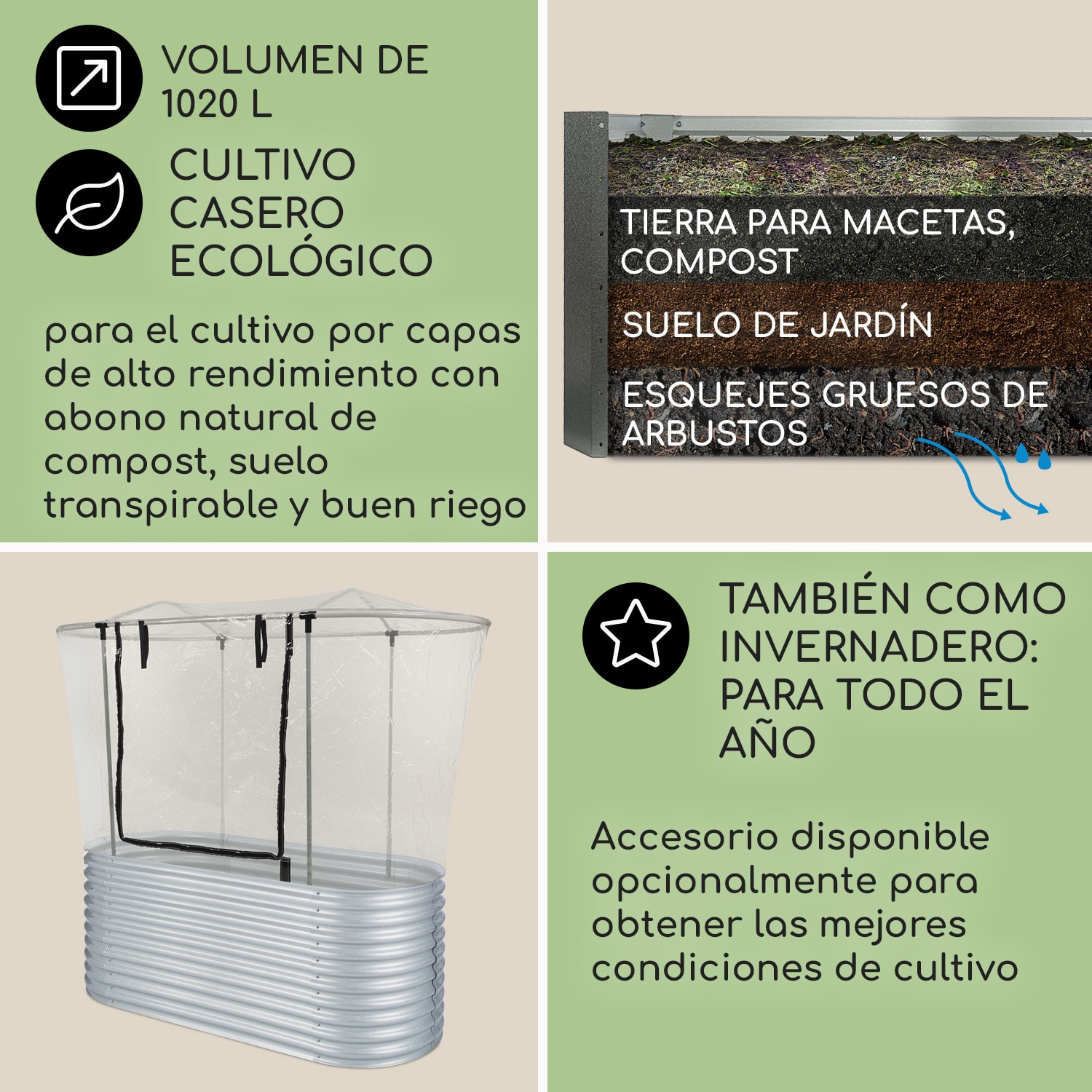 High Grow Arriate alto de jardín de 1,6 m con revestimiento de zinc y aluminio en color plata 160 x 80 x 80 cm | Plata
