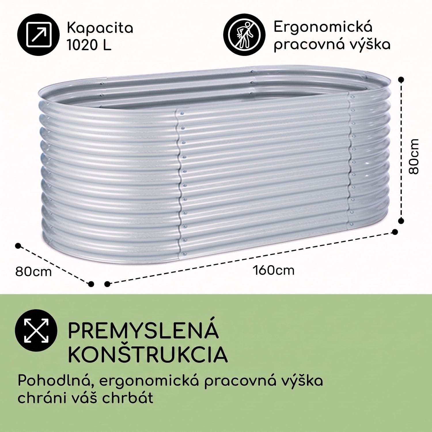 High Grow, vyvýšený záhon, 1.6 m, pozinkovaný hliník, strieborný 160 x 80 x 80 cm | Strieborná