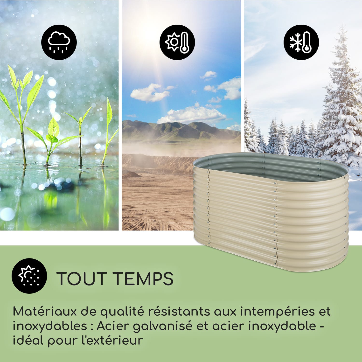 High Grow Carré potager surélevé plantations 1,6 m zinc-alu beige 160 x 80 x 80 cm | Crème
