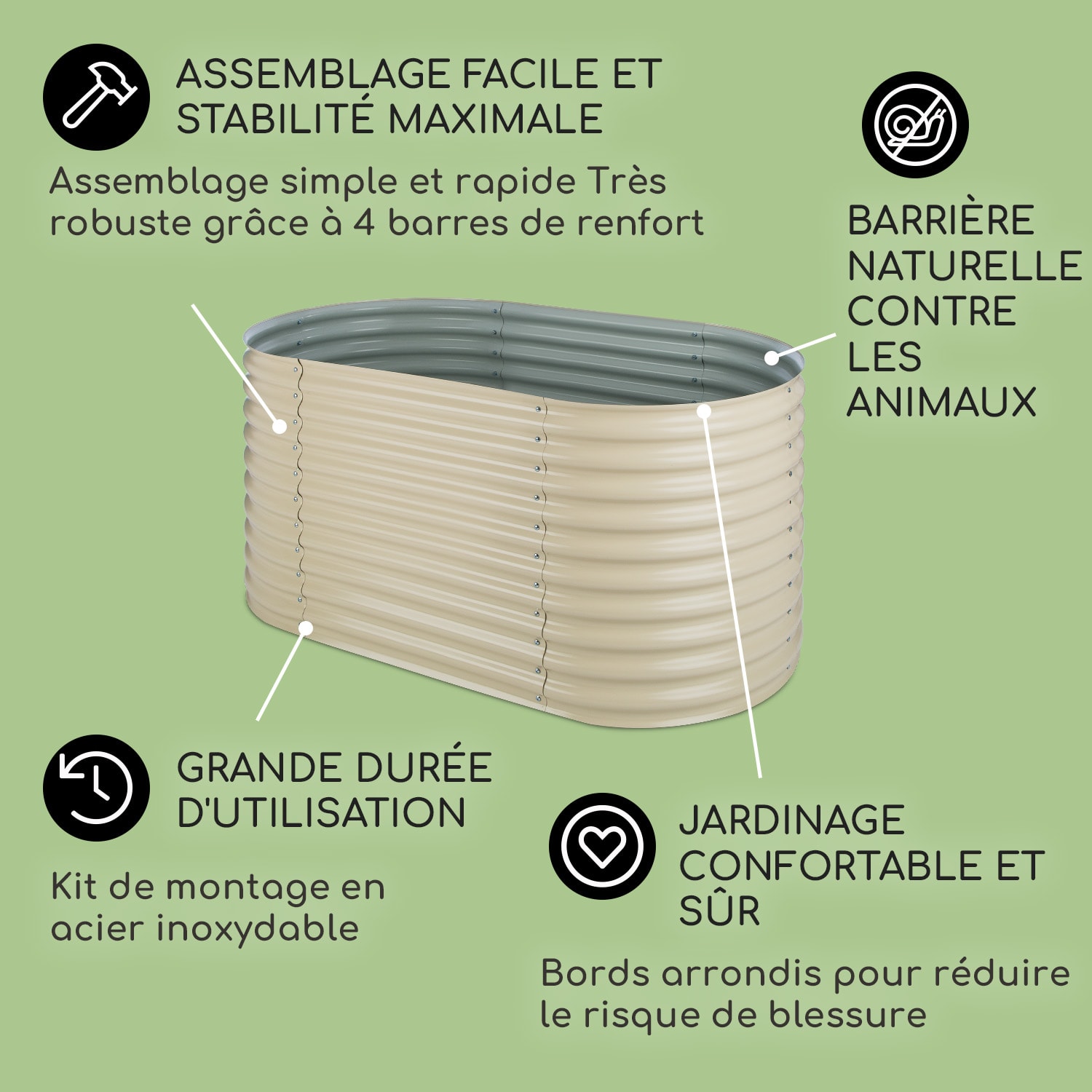 High Grow Carré potager surélevé plantations 1,6 m zinc-alu beige 160 x 80 x 80 cm | Crème