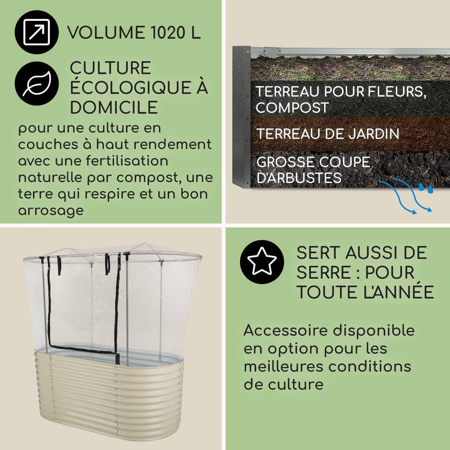 High Grow Carré potager surélevé plantations 1,6 m zinc-alu beige 160 x 80 x 80 cm | Crème