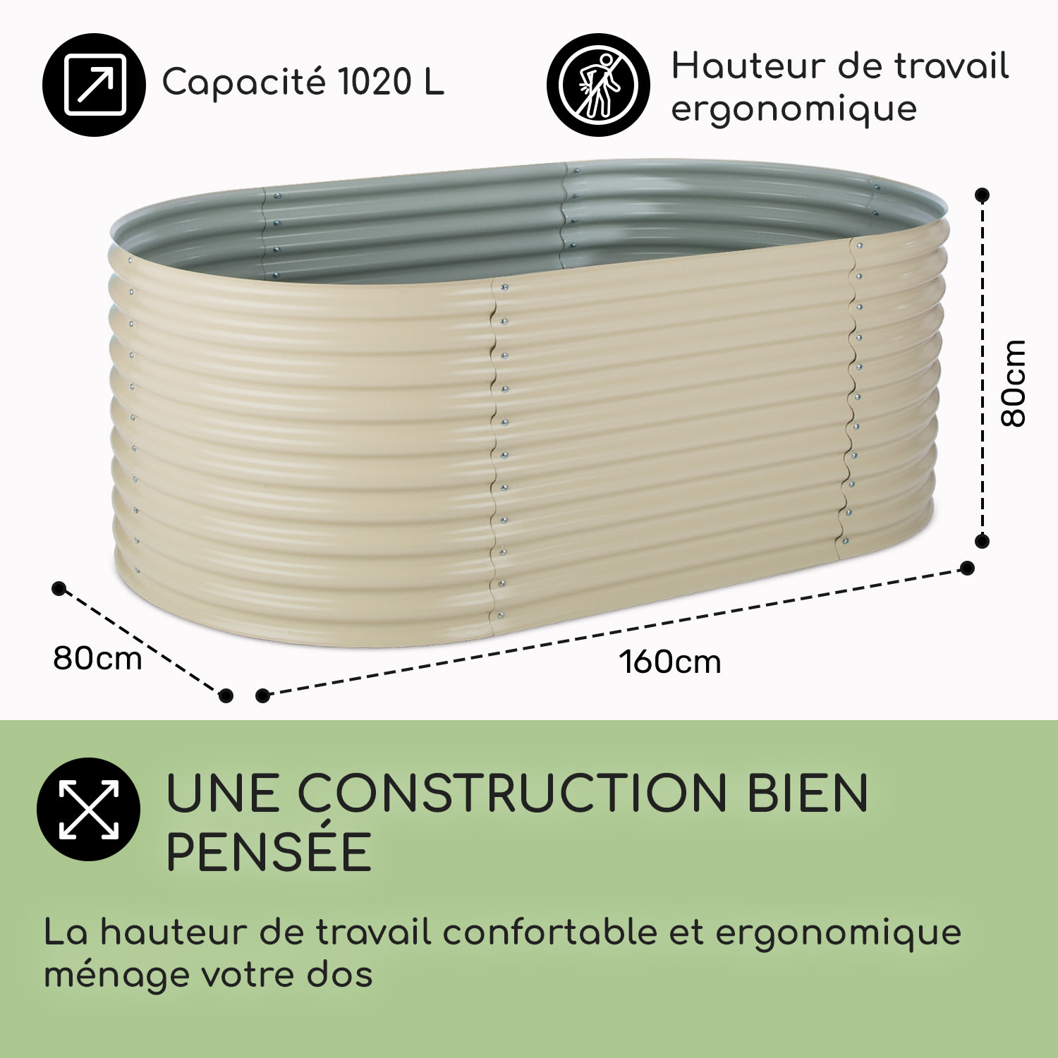 High Grow Carré potager surélevé plantations 1,6 m zinc-alu beige 160 x 80 x 80 cm | Crème