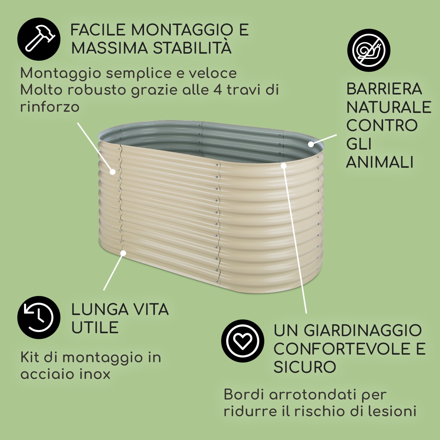 High Grow Fioriera Rialzata 1,6m Rivestimento zinco-alluminio beige 160 x 80 x 80 cm | Crema