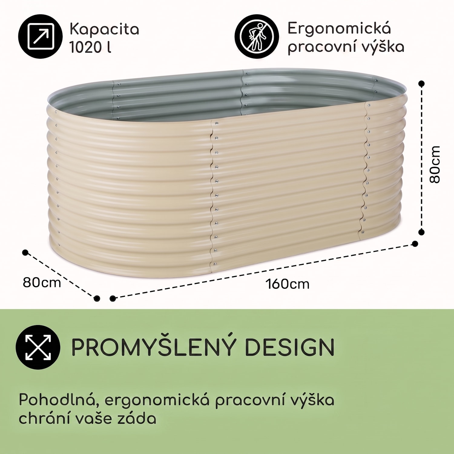 High Grow, vyvýšený záhon, 1.6 m, pozinkovaný hliník, béžový 160 x 80 x 80 cm | Krémová