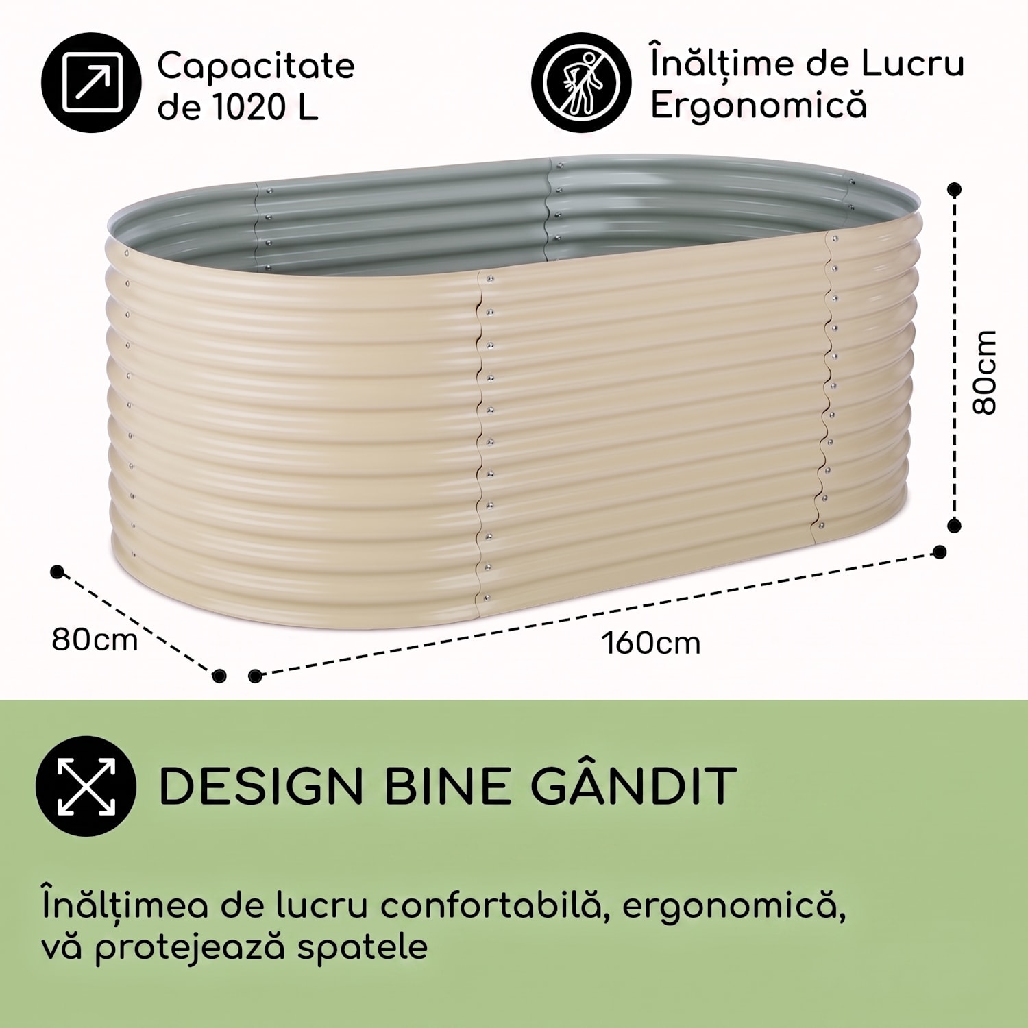 HIGH GROW, bej, 1,6 M, ghiveci ridicat, aluminiu galvanizat 160 x 80 x 80 cm | Crem