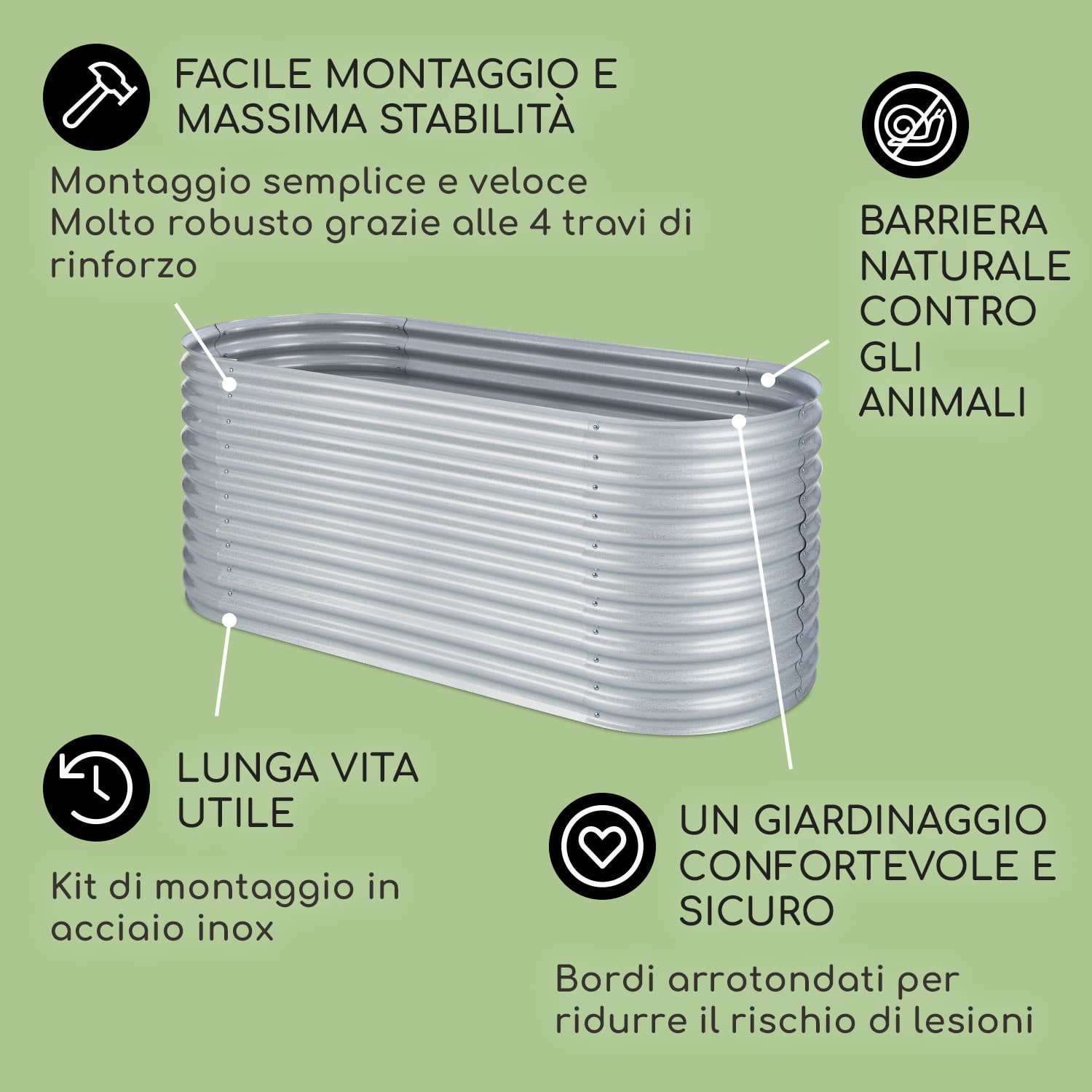 High Grow Fioriera Rialzata 2,0m Rivestimento zinco-alluminio argento 200 x 100 x 80 cm | Argento