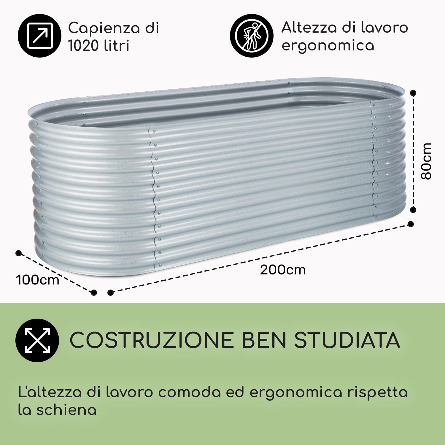 High Grow Fioriera Rialzata 2,0m Rivestimento zinco-alluminio argento 200 x 100 x 80 cm | Argento