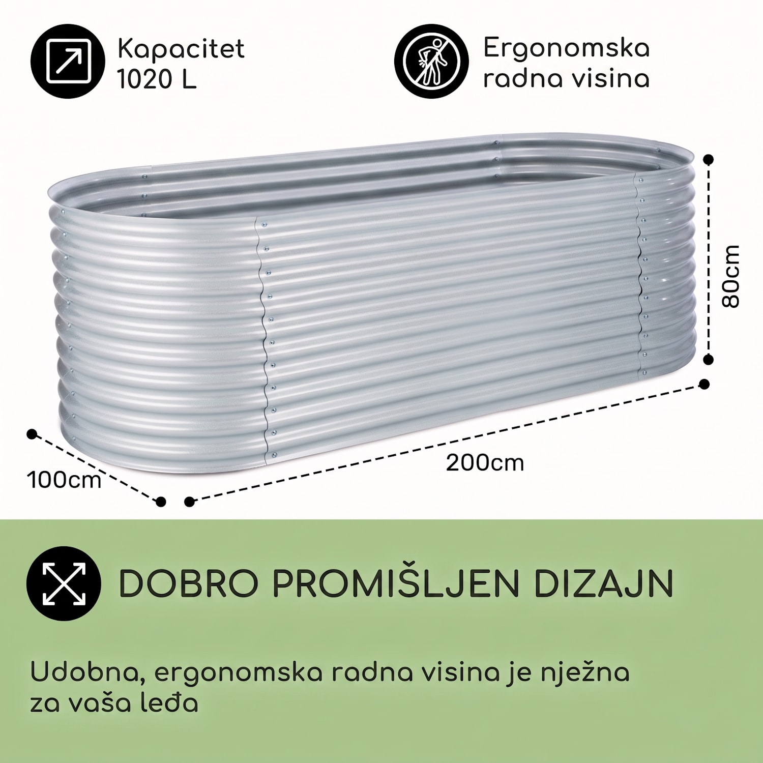 High Grow povišena žardinjera 200 x 100 x 80 cm | Srebro